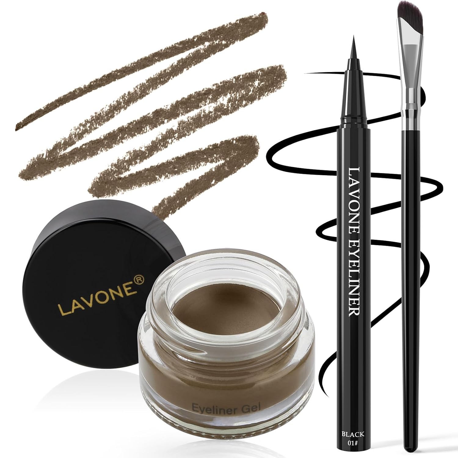 LAVONE Eyeliner Set – Waterproof Makeup Kit with Liquid eyeliner Pencil, Gel Eyeliner & Angled Eye liner Brush, Waterproof, Smudge Resistant, Long Lasting Formula – Ash Brown