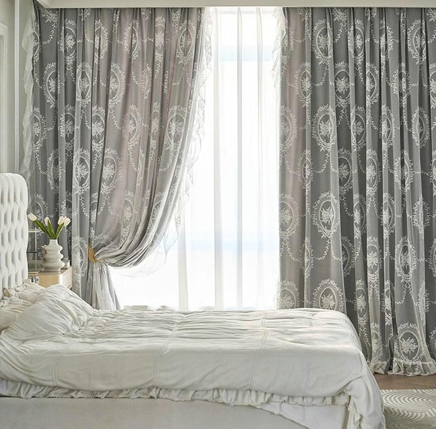 Blackout Curtains 2 Panel Set 96 inch Long, Bedroom Curtains Blackout Eyelets Double Layer Embroidered Flowers with Ruffles Room Darkening Window Treatment Grey, 54 x 96 Inch