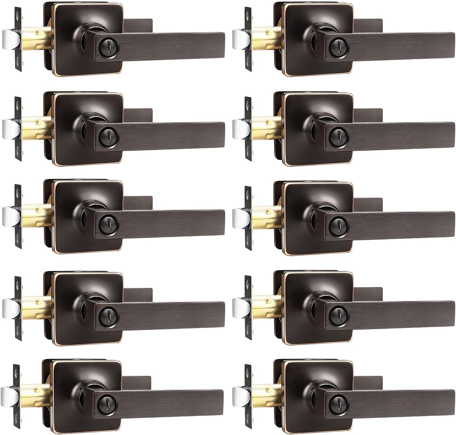 GOBEKOR 10 Pack Privacy Door Levers Bedroom Door Handle with Lock Oil Rubbed Bronze Square Door Handles Keyless Door Lock Straight Bed/Bath Lever