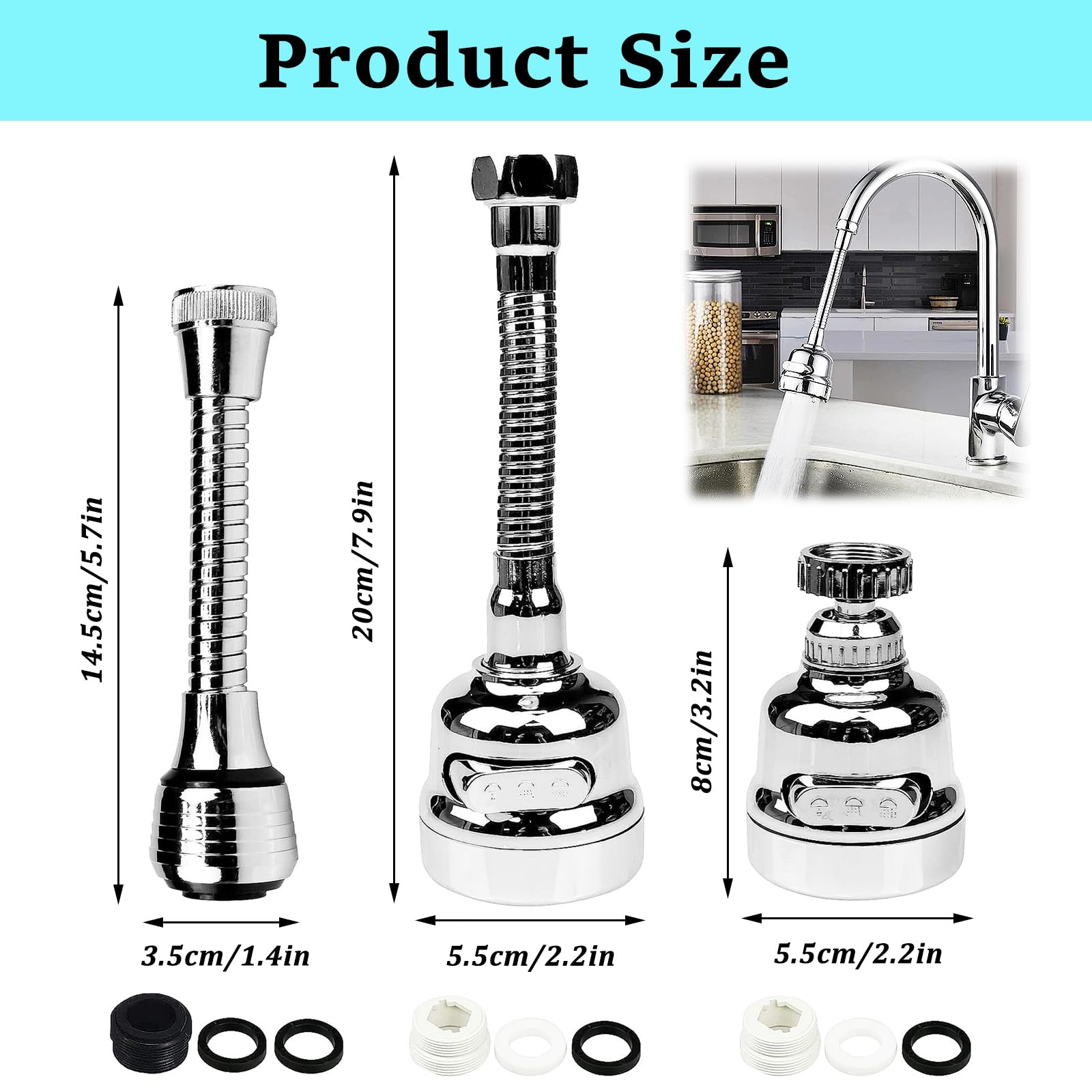 3 Piezas Aireador Giratorio de Grifo, Boquilla Grifo Universal Girar, 360 Grados Alargador Grifo Cocina, Aireador Grifo Cocina, Para Accesorios de Grifería de Cocina y Baño(Plata)