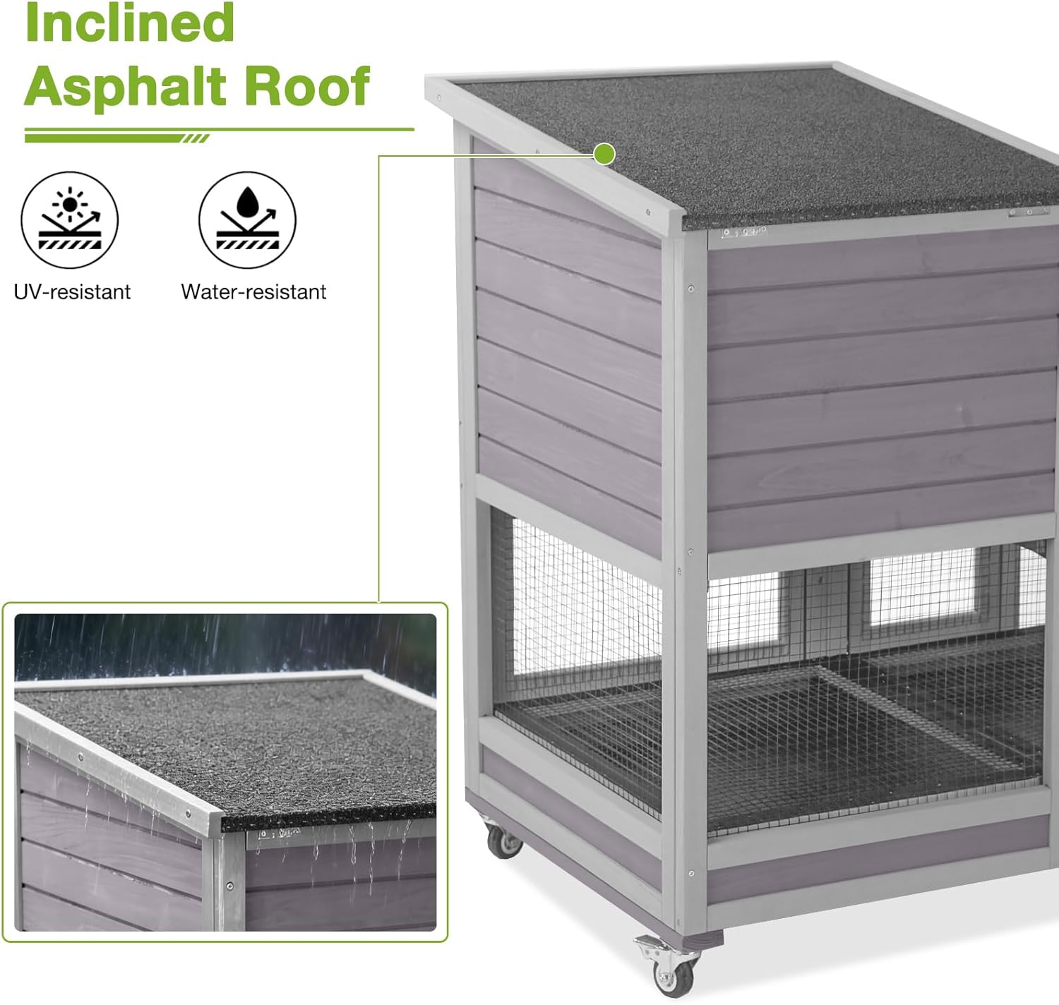 Rabbit Hutch Indoor Outdoor, Large Rabbit Cage with Wheels, 2-Story Bunny Hutch with Removable Wire Floor and Leakproof Trays, Wooden Guinea Pig Cages with Waterproof Roof