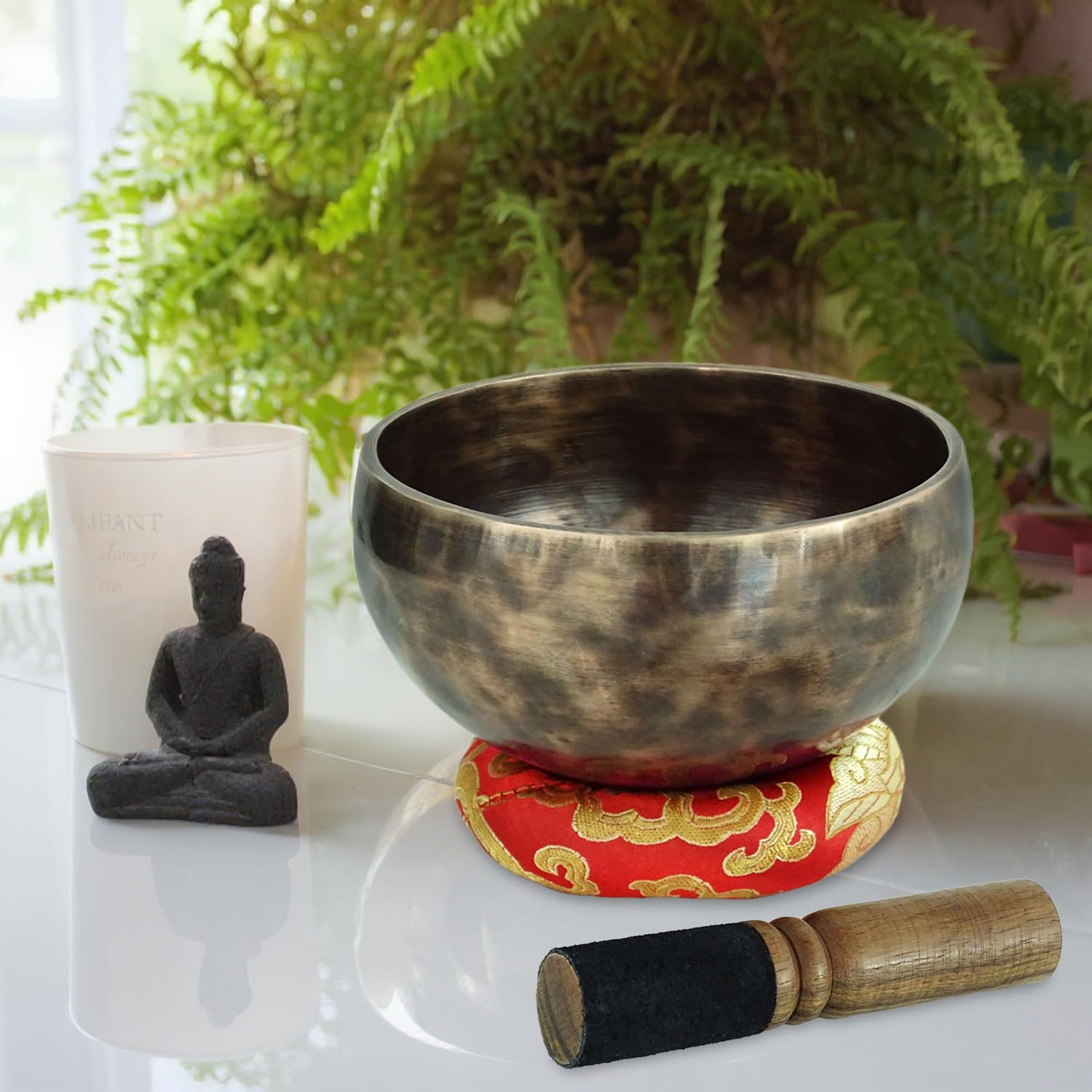 keepdrum Tybetańska misa dźwiękowa z brązu Singing Bowl 12 cm z tarką do misy dźwiękowej i podstawką