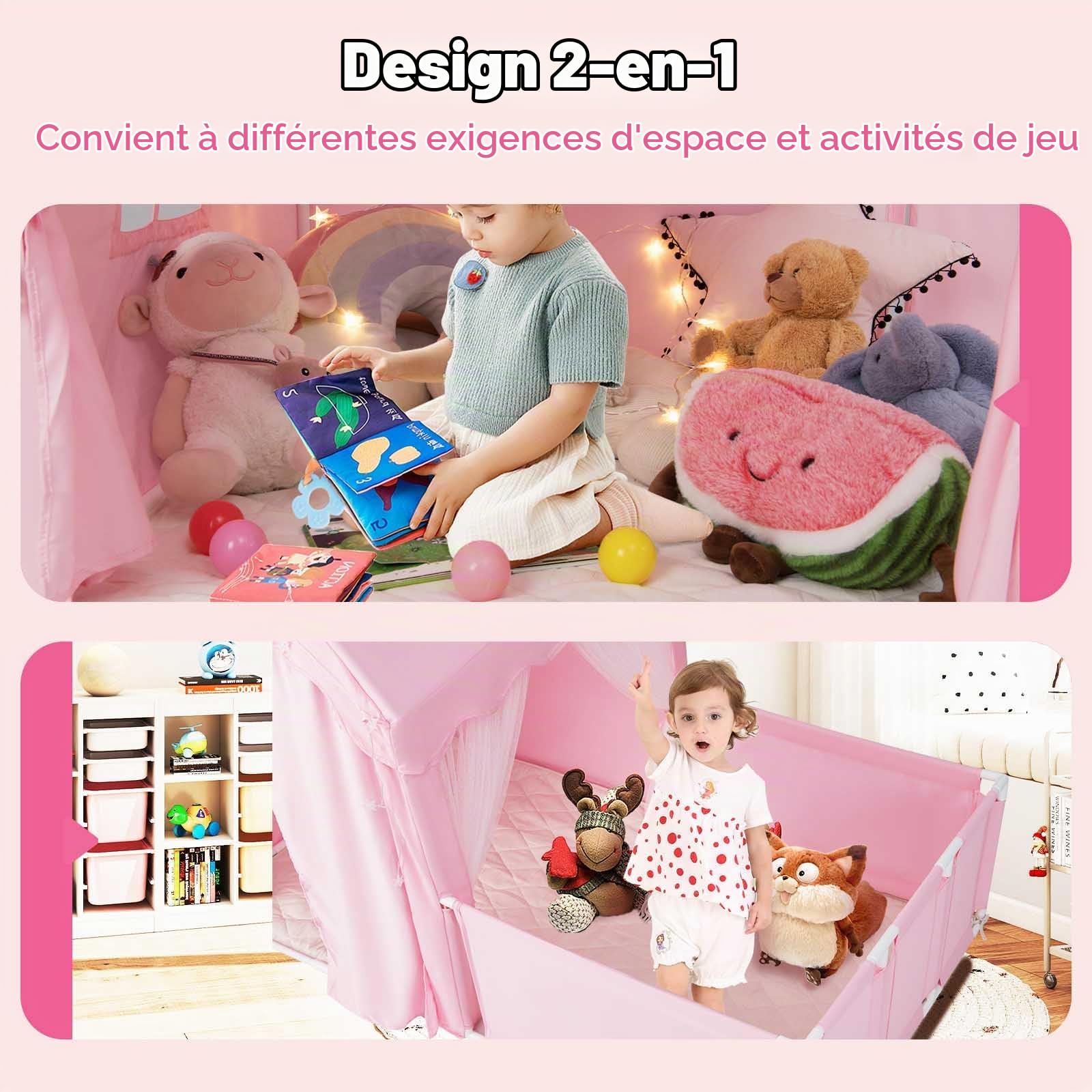 HOMASIS 2 en 1 Tente Enfants avec Enclos, Tente de Jeu avec Fenêtres, Lumières Étoilées et Tapis, pour Les Enfants de 3 Ans et Plus (Rose)