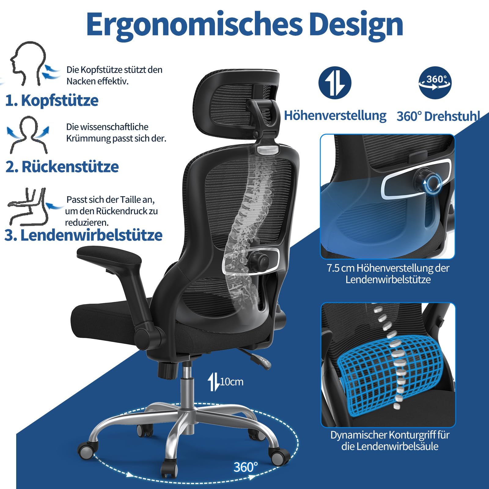 TRALT Bürostuhl Ergonomisch - Bürostuhl - Gaming Stuhl mit Verstellbare Kopfstütze Lordosenstütze Home Office Desk Chair - Schreibtischstuhl Computerstuhl für Große Menschen Mesh-Stuhl 150kg Schwarz