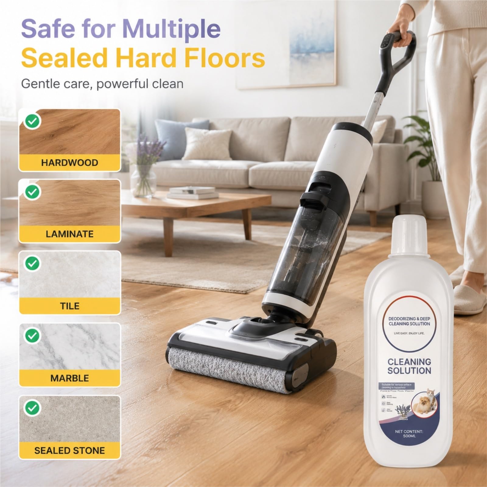 Limpiador for Pisos Duros, 500ML X 5, Aroma Lavanda, Eliminador Profundo de Olores, Fórmula Baja Espuma, Compatible con Tineco Robot Fregador/Aspiradora Wet Dry