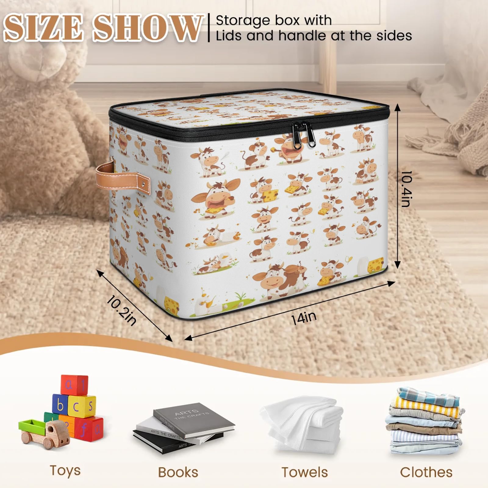 Bonita cesta de almacenamiento grande de queso de vaca con tapa con cremallera, cajas de almacenamiento plegables, organizador para el hogar, para ropa, dormitorio, sala de estar, 2 piezas