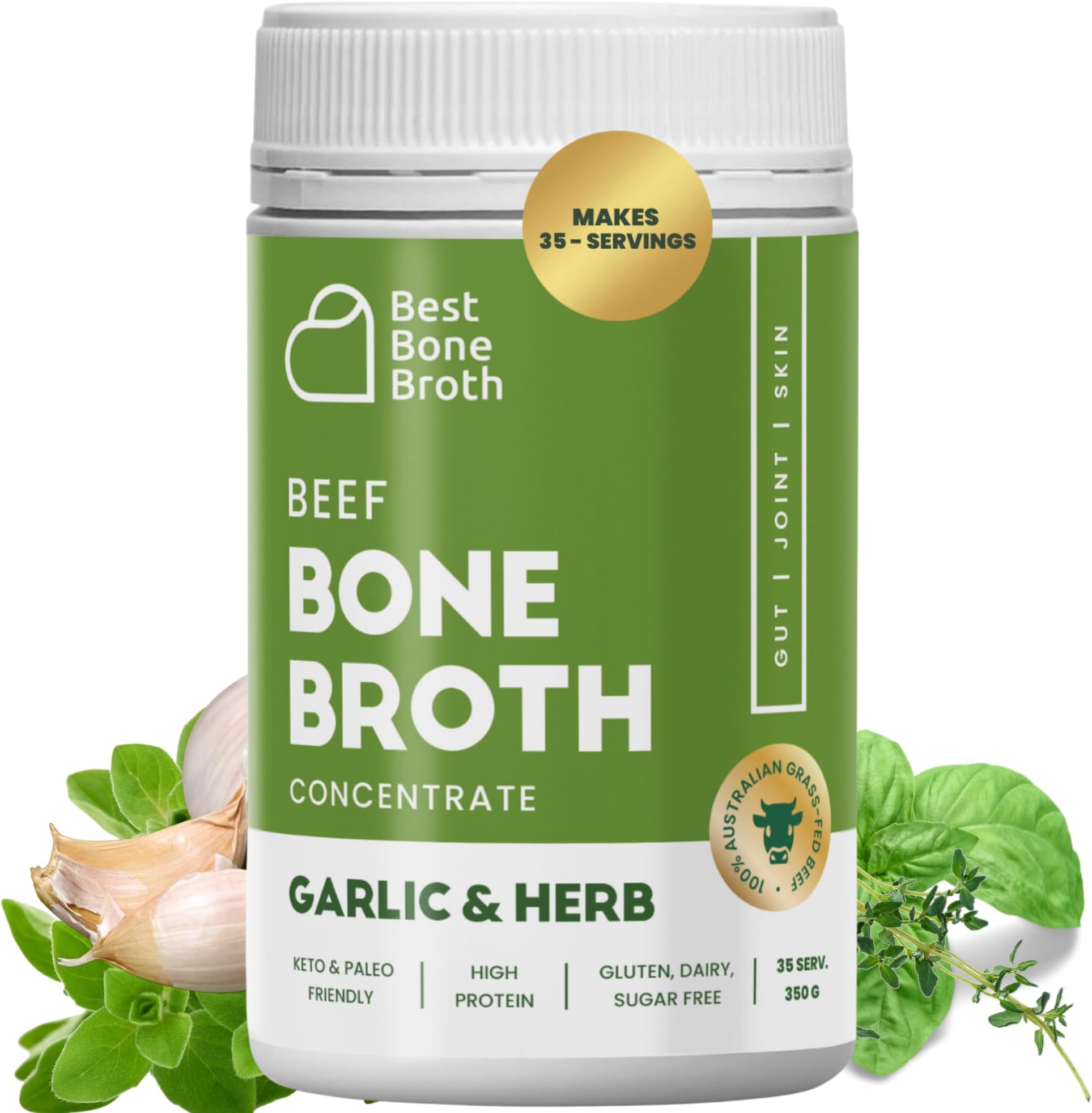 BEEF BONE BROTH CONCENTRATE Garlic Herb Flavor Grass Fed - Made from Australian Cattle - full of protein & collagen | 35 servings/ 2.25 GL of broth | Just add water | Keto & Paleo Friendly | Sippable