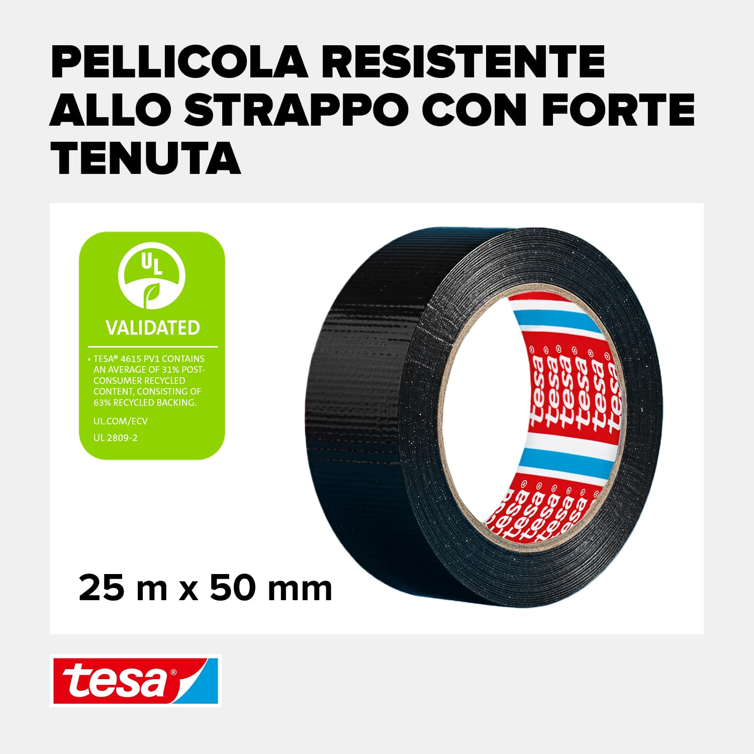 tesa extra Power Universal Duct Tape - Nastro Adesivo a Tenuta Extraforte - Nastro Versatile per Riparare, Fissare, Sigillare e molti altri Usi - Nero - 1 Rotolo - 25 m x 50 mm