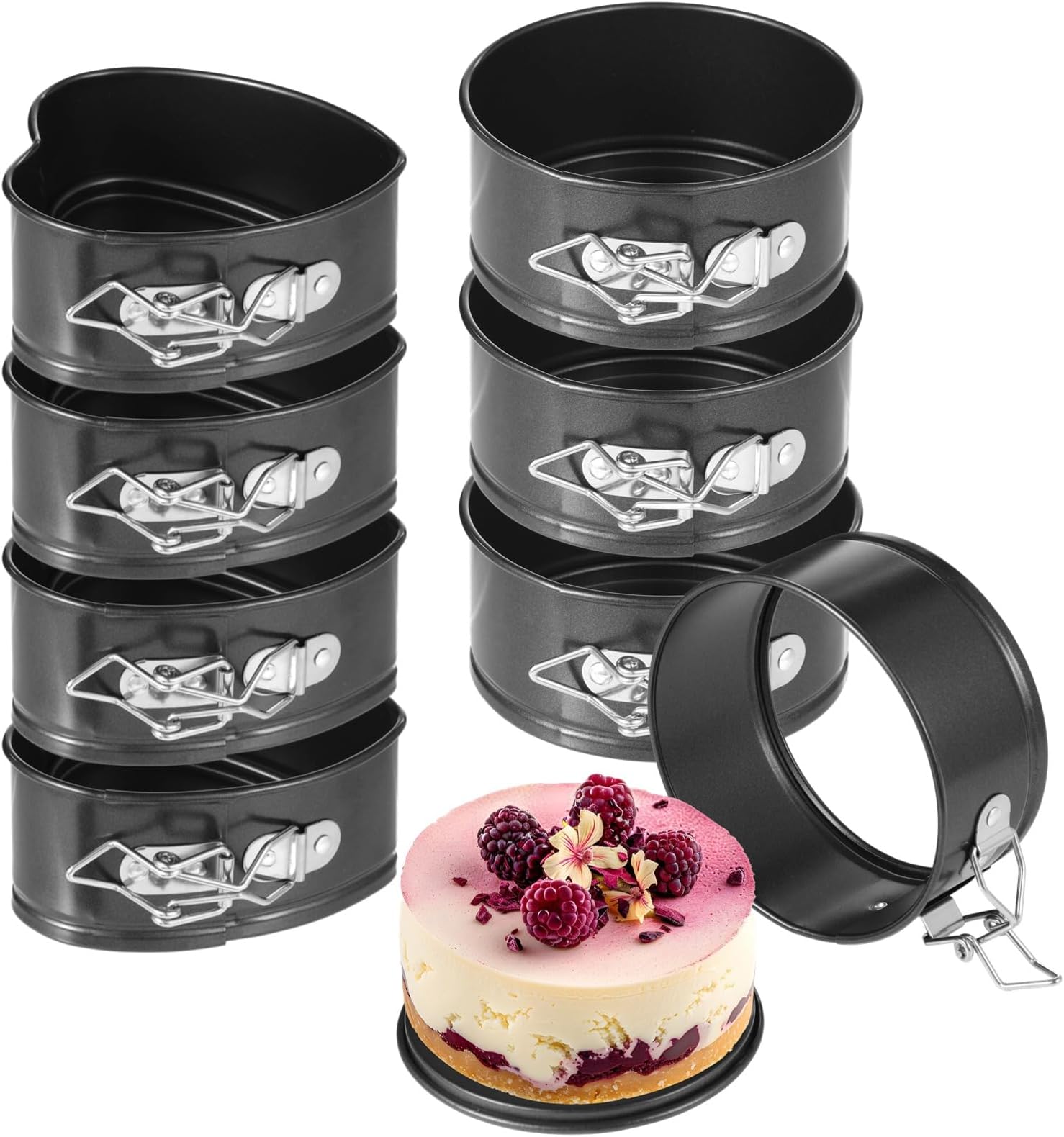 Small Cheesecake Pans, 8 Pcs Mini Springform Pans Set, 4 Inch Round and Heart Shaped Cake Molds, Non-Stick Carbon Steel, Removable Bottom