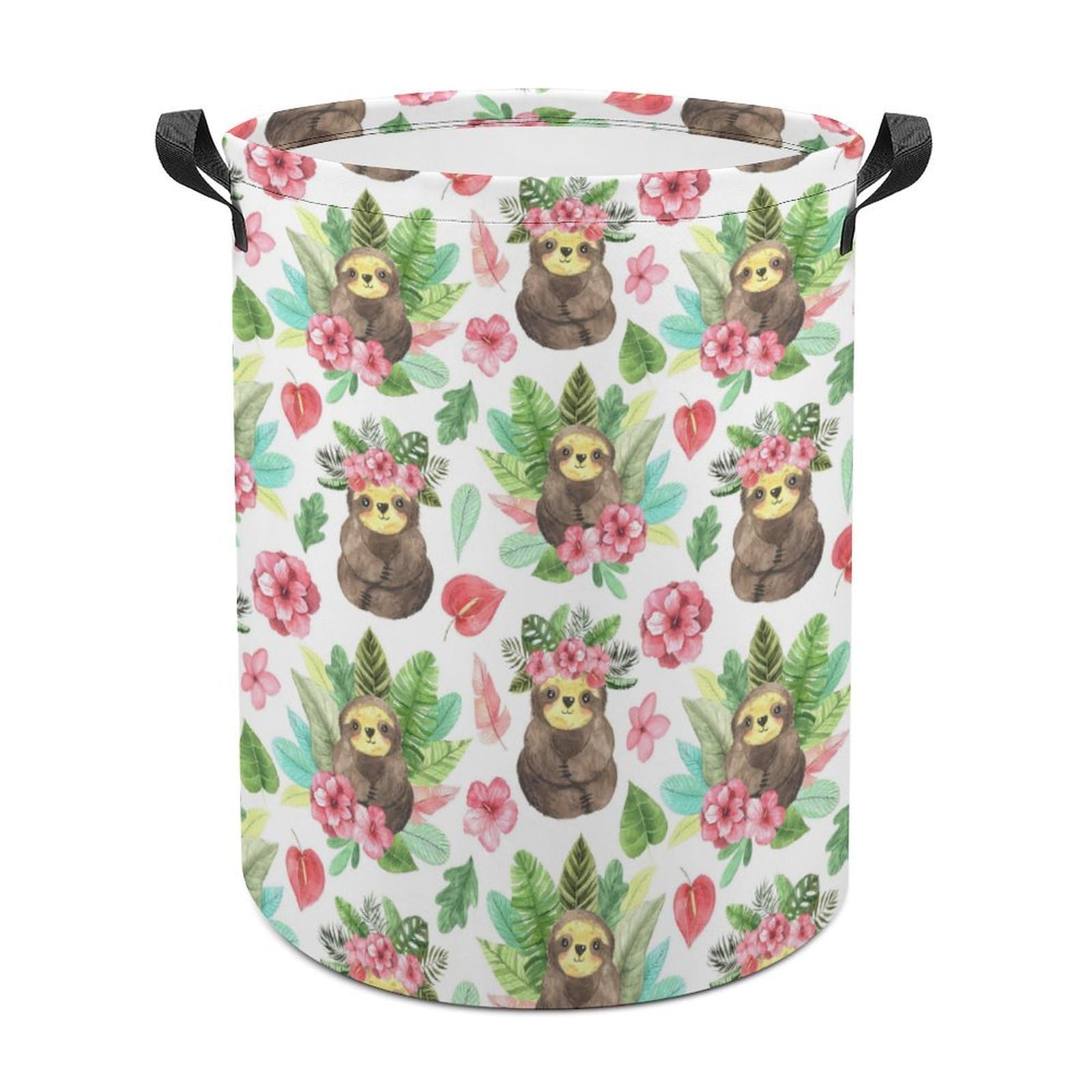 Wlntrophic Laundry Hamper, Pink Floral Sloth Laundry Basket, Washing Basket with Handle
