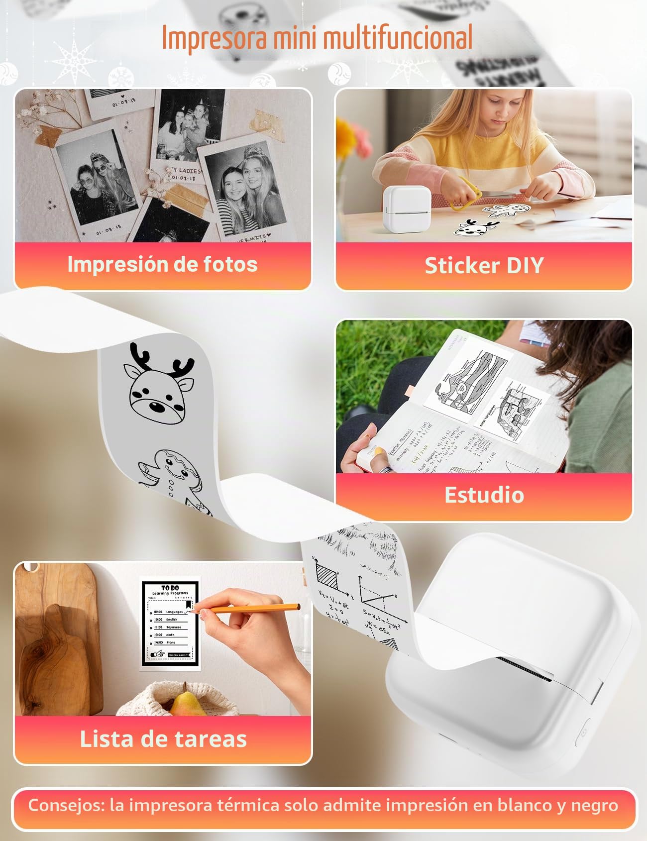 Memoking Mini Impresora Termica - M02L Mini Impresora Portatil, Impresora Pegatinas Autoadhesivas con 1 Rollo de Papel, Impresora Pegatinas para Fotos, Notas de Estudio, Diarios, Diversión, Regalo | Mini impresora con 1 rollo de papel adhesivo, impresora