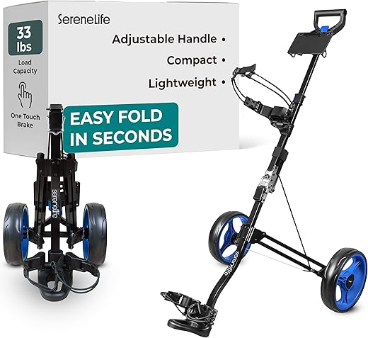 SereneLife Lightweight Foldable Aluminum Push-Pull Golf Cart β Compact Folding Trolley with Adjustable Handle, Secure Elastic Bag Straps & Quick Rear Brake for Easy Travel
