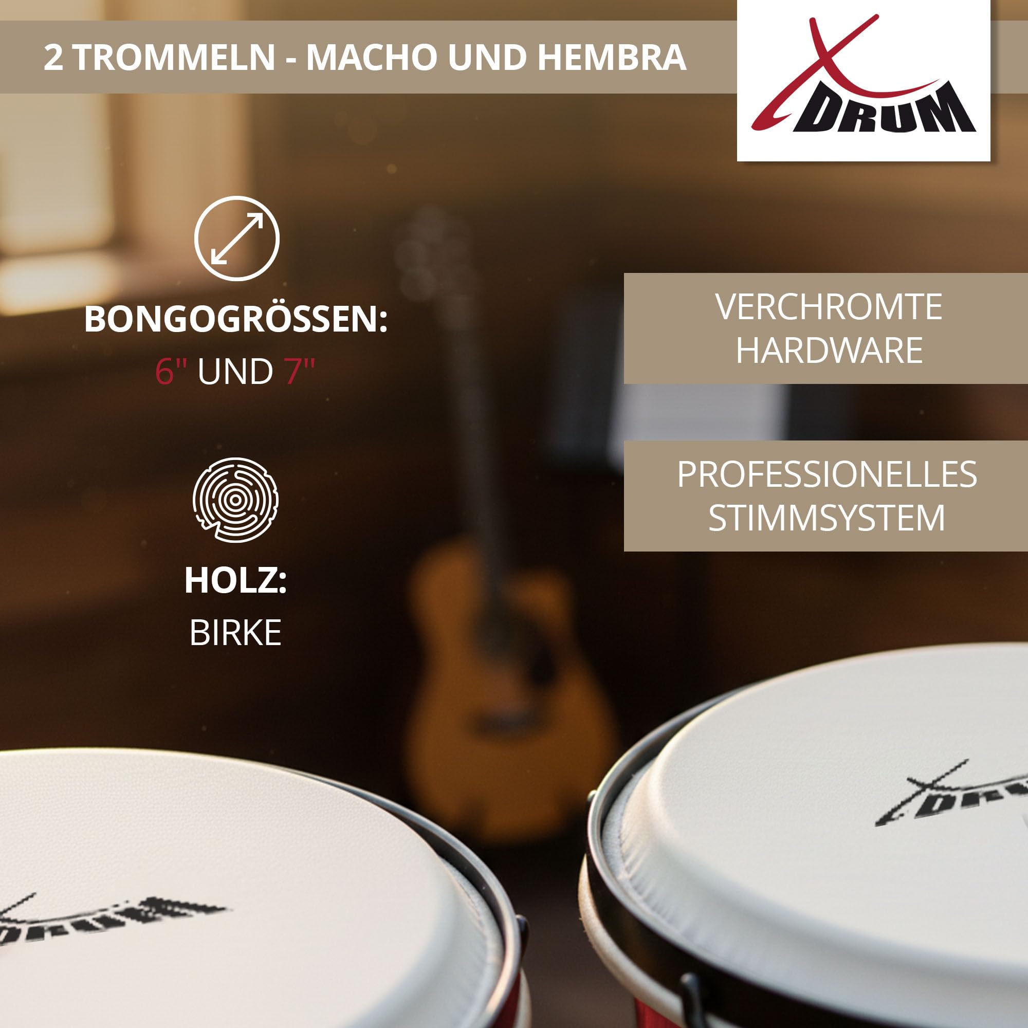 XDrum Bongos Club Rojo Vino SET incl. Bolsa para Bongos, Pieles naturales | 2 tambores ("macho" y "hembra"), Tamaños de bongos: 6" y 7", Madera: abedul, Herrajes cromados, Medidas (Al x An x Pr): 16