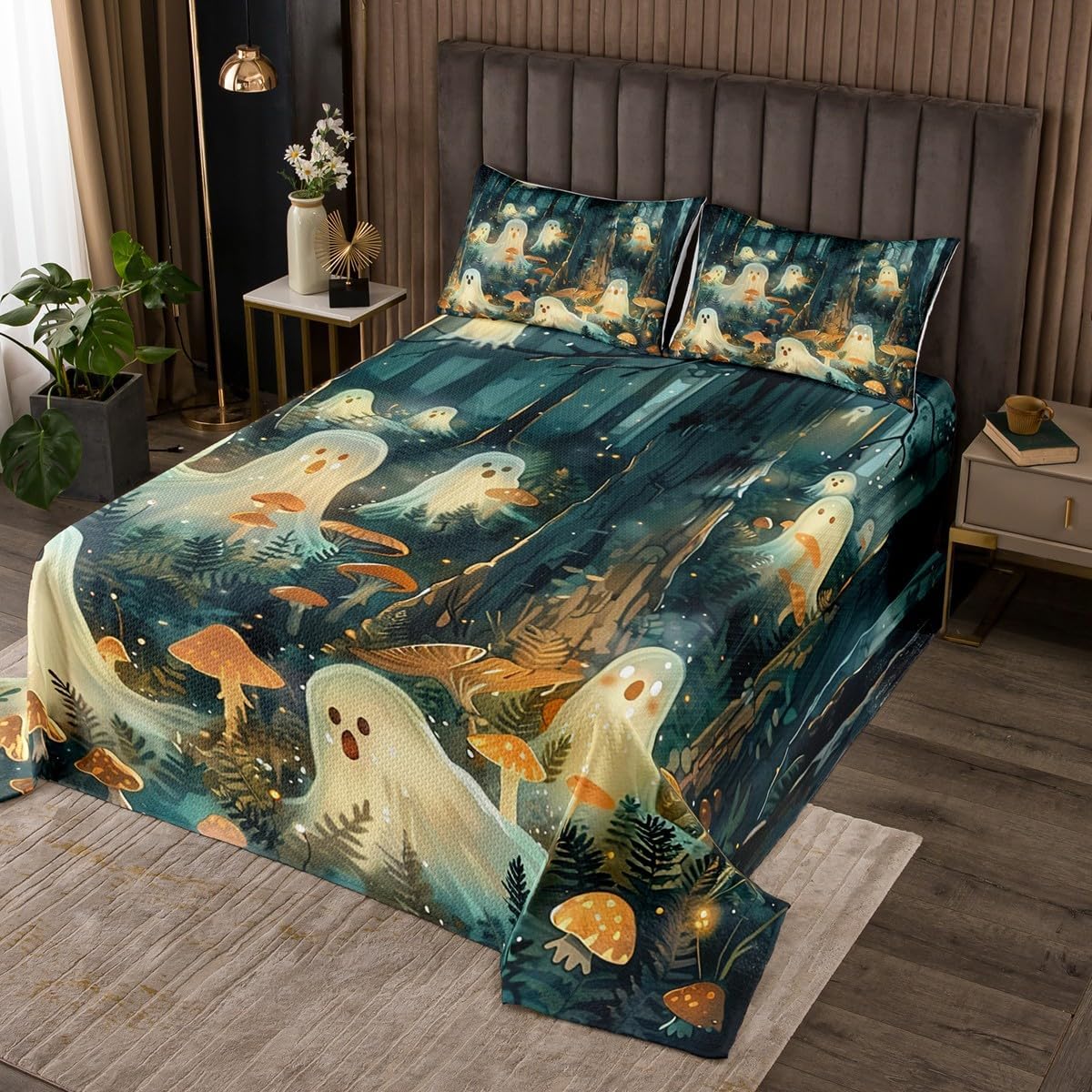 Homewish Cartoon Ghost Bedspread Queen Size,Woodland Mushroom Firefly Glitter Bedding Set for Kids Boys Girls Room Decor,Halloween Theme Trippy Quilt 3Pcs,Plant Jungle Coverlet Set,2 Pillowcases