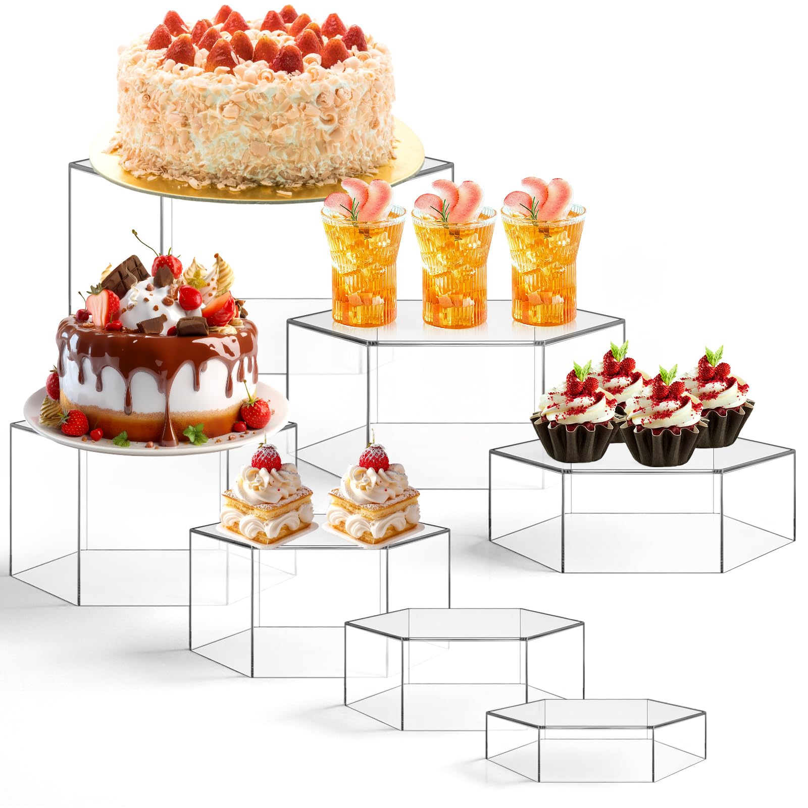 Leinuosen 7 Pcs Large Buffet Risers Set 6" to 12" Acrylic Display Box Catering Dessert Table Riser Food Display Decorative Stand with Hollow Bottom for Catering Supplies(Clear, Hexagonal)