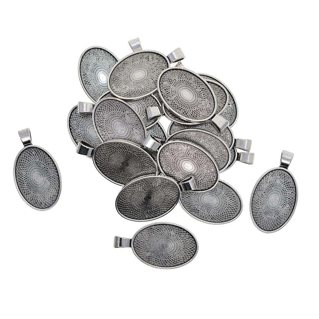 LoveinDIY 20Pcs 20x30mm Oval Pendant Tray Cameo Glass Cabochon Frame Blanks Silver DIY