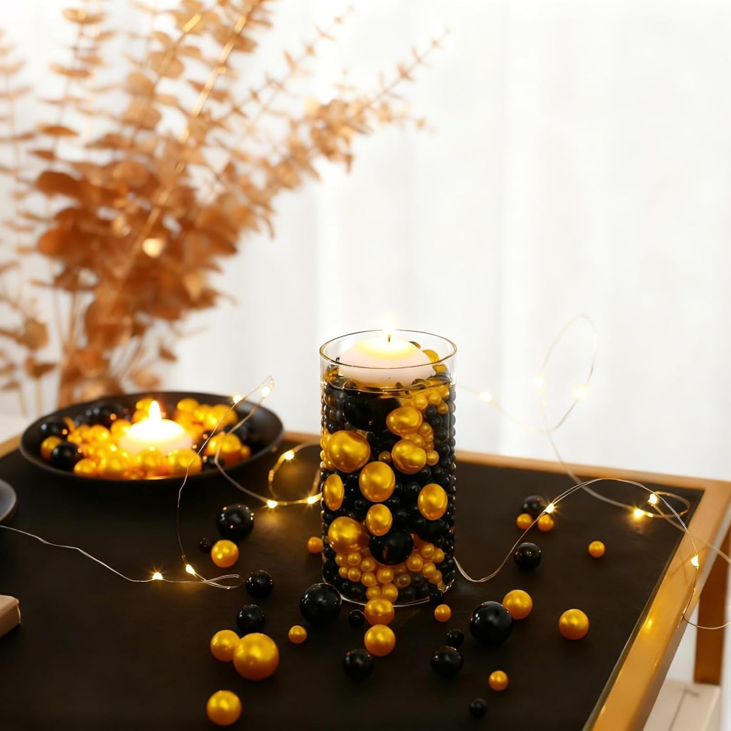 UDU 200 Pcs Vase Filler Pearl Beads No Hole Faux Polish Pearls for Centerpieces Vases Beads for vases Home Birthday Wedding Party Table Decor (Black and Gold)