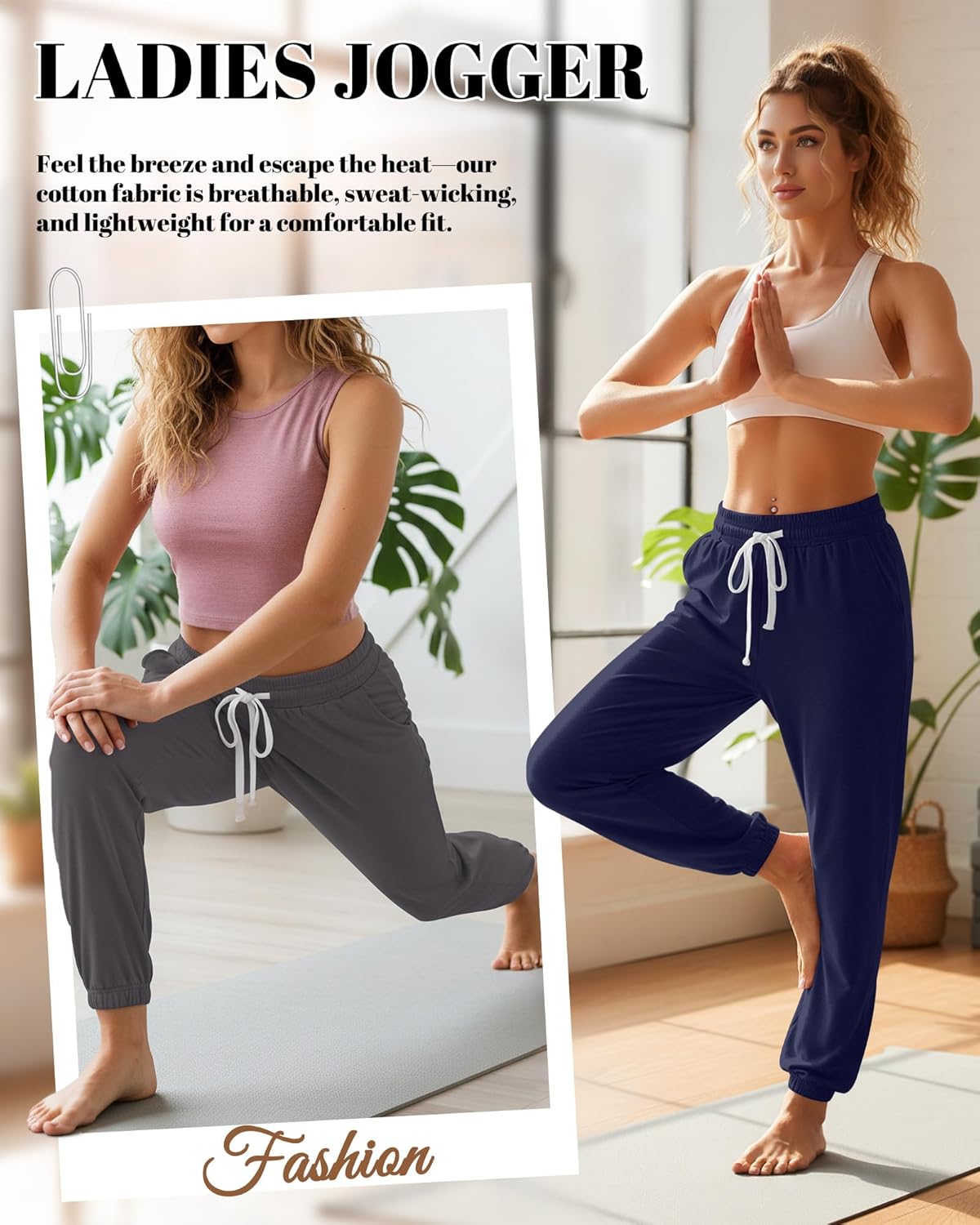 3 Pack Womens Sweatpants Lightweight Joggers Lounge Pants Casual Tapered Cuffs Elastic Drawstring with Pockets(Black, Navy, Dark Gray,Large) - Image 2