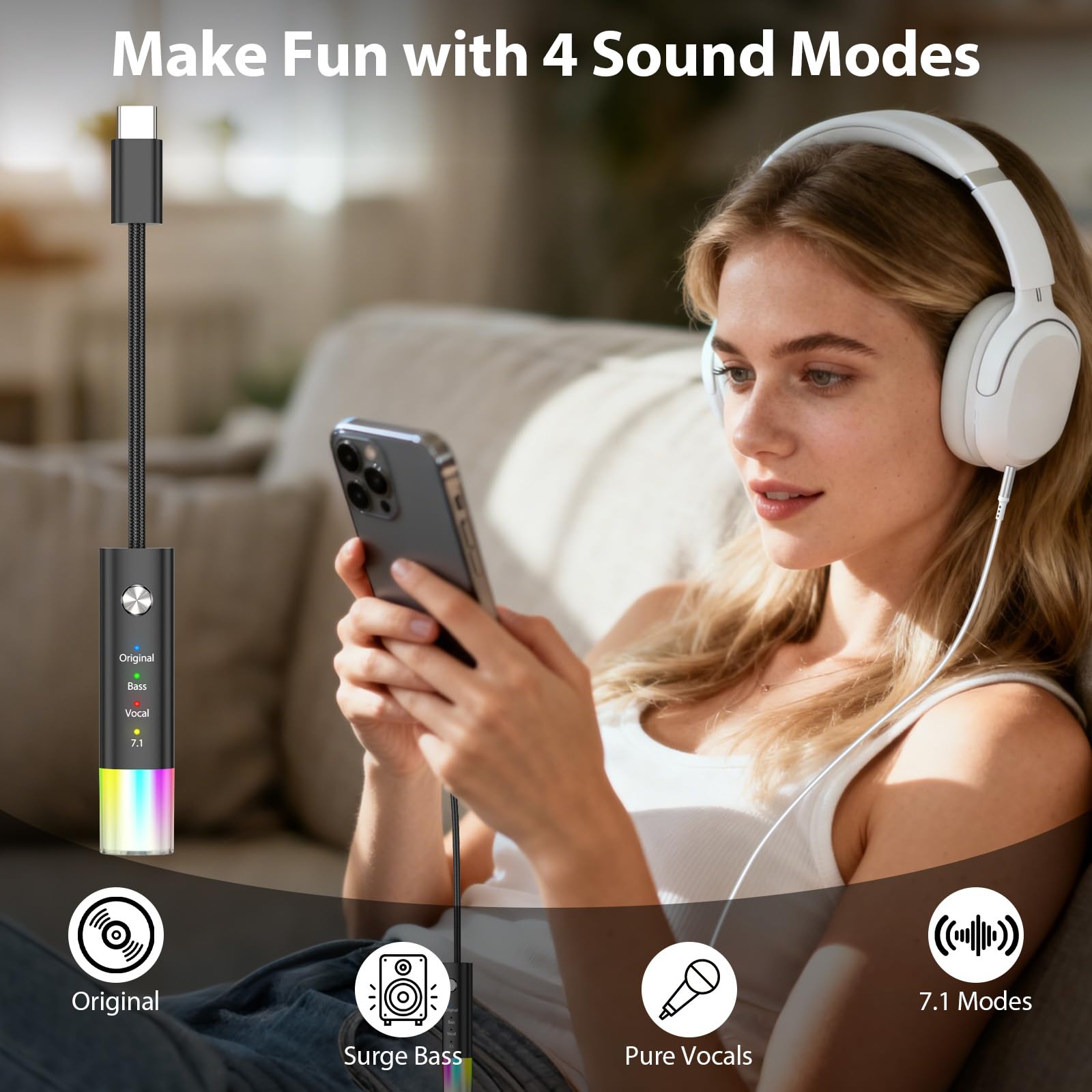 3,5-mm-Klinken-Audio-Adapter, USB-C-Kopfhörer-Adapter, Neonlicht, mehrere Modi, HiFi-Bass, klarer Gesang, Surround-Sound, für iPhone 16 Pro Max 15 Plus 16e, Galaxy S25 Ultra S24 S23 S22 S21, Pixel 10