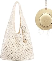 RUNROLE Crochet Tote Bag with Macrame Hat Clip - Cute Knit Summer Beach Bag for Women, Travel Shoulder Tote