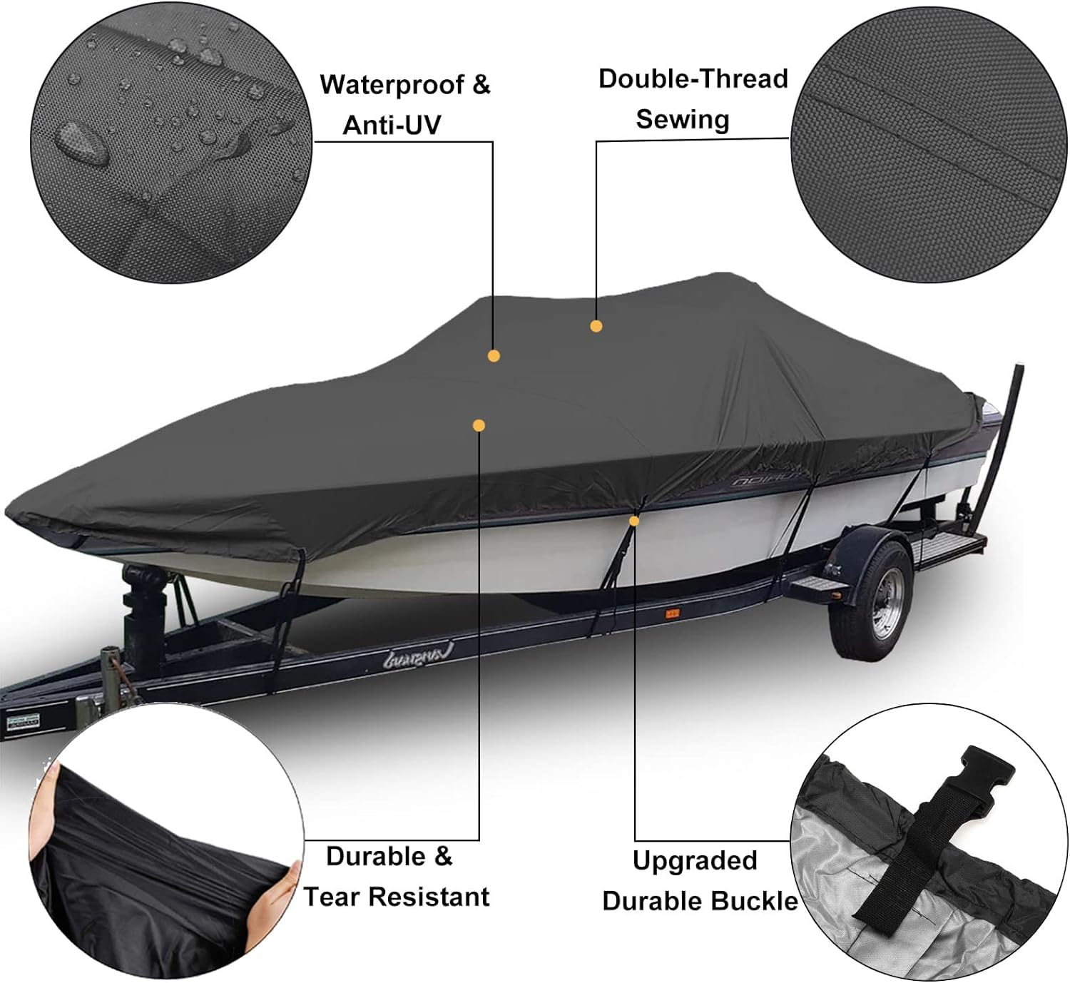 Telo Copri Barca Tenda da Esterno Tessuto 420D Trainabile Bass Boat Scafo a V Tri-Hull Barca da Pesca Sci Nautico Runabout Bowrider Boat (Nero 700x254