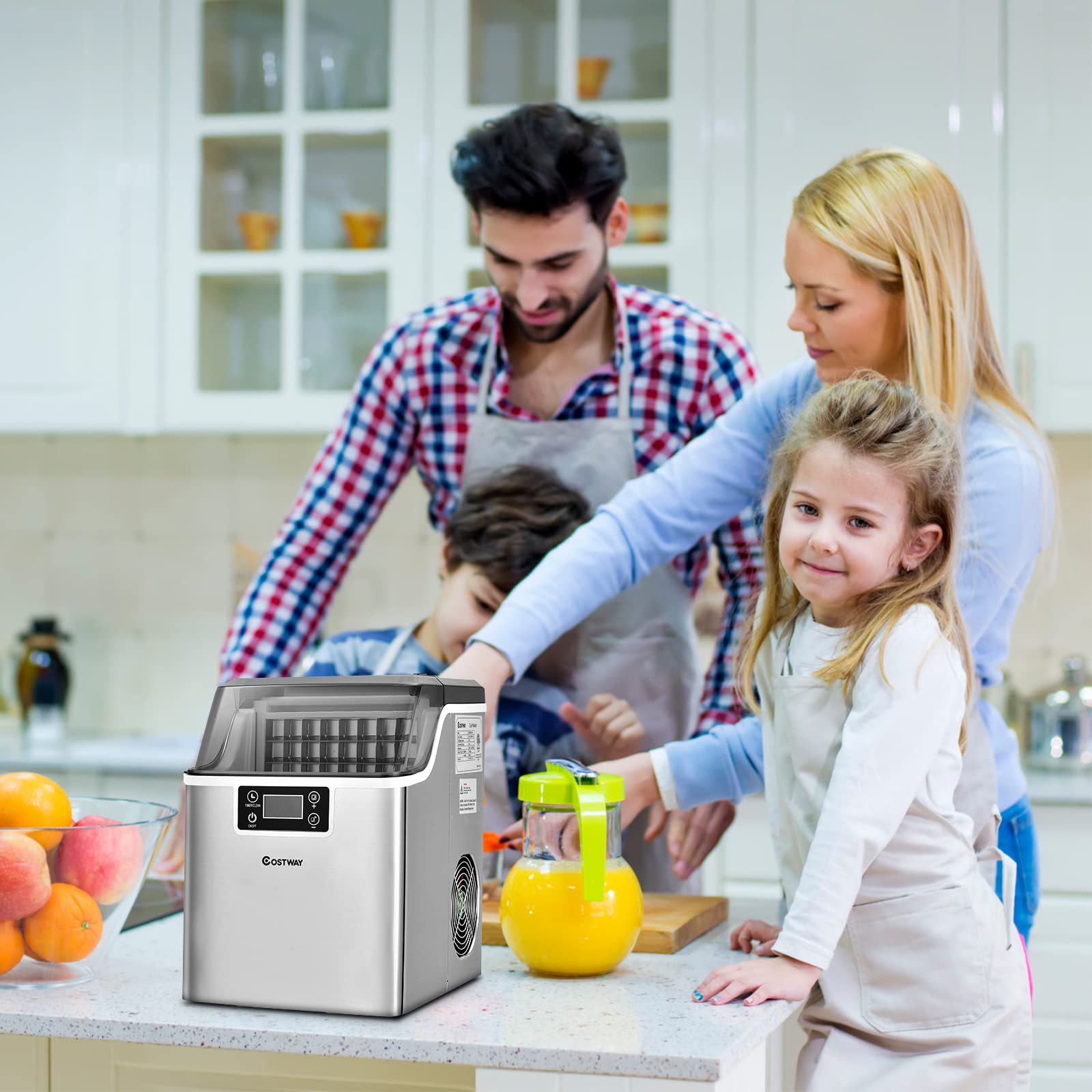 COSTWAY Machine à Glaçons 18kg en 24h, Machine a Glacons à Affichage LCD, Minuterie 24 Heures, 24 Glaçons en 15-20 Minutes, Autonettoyant, Réservoir d'Eau 3,2 L, pour Maison, Camping, Fête