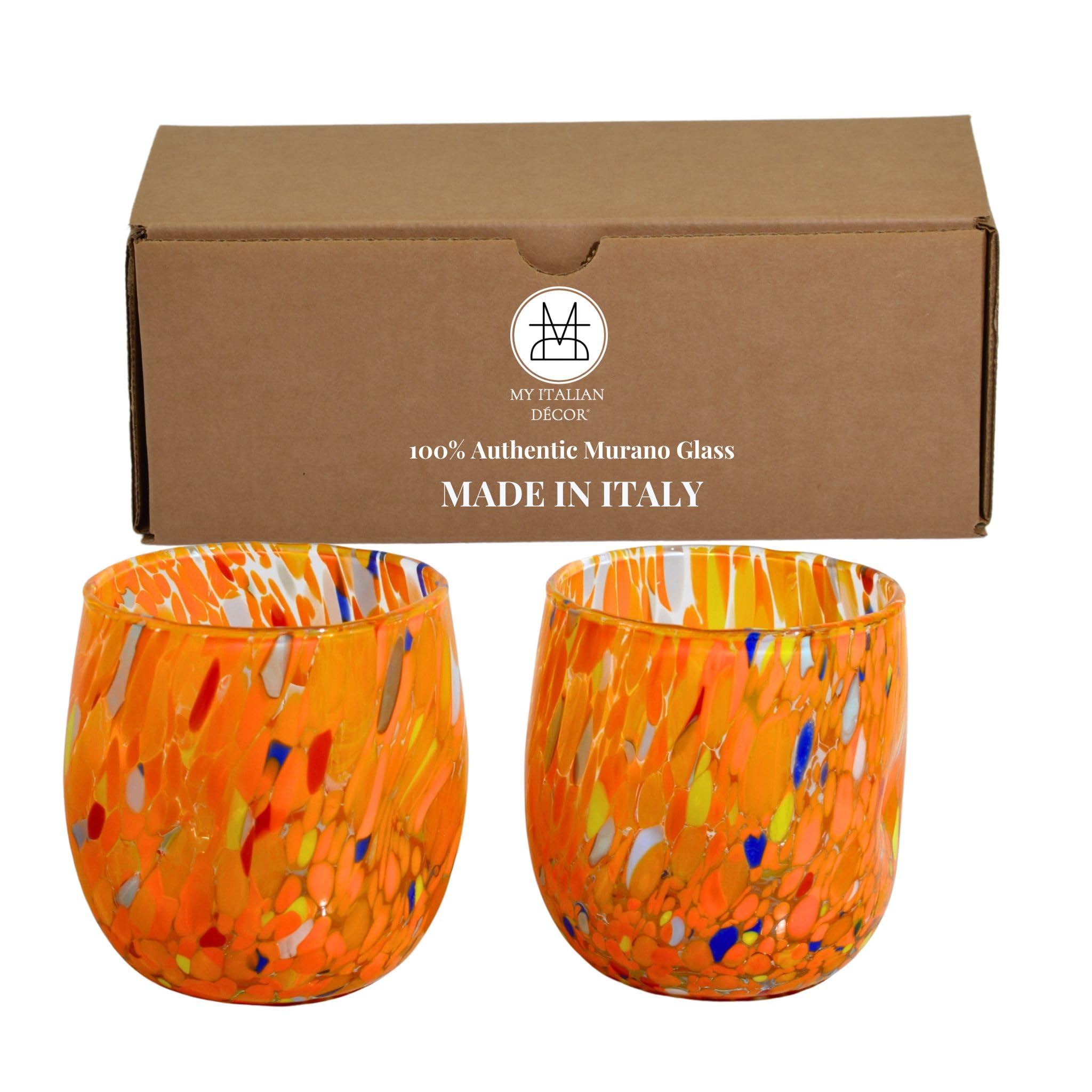 MY ITALIAN D COR Hand Blown Murano Glass Cups Set of 2 14 oz Murano Colorful Drinking Tumblers