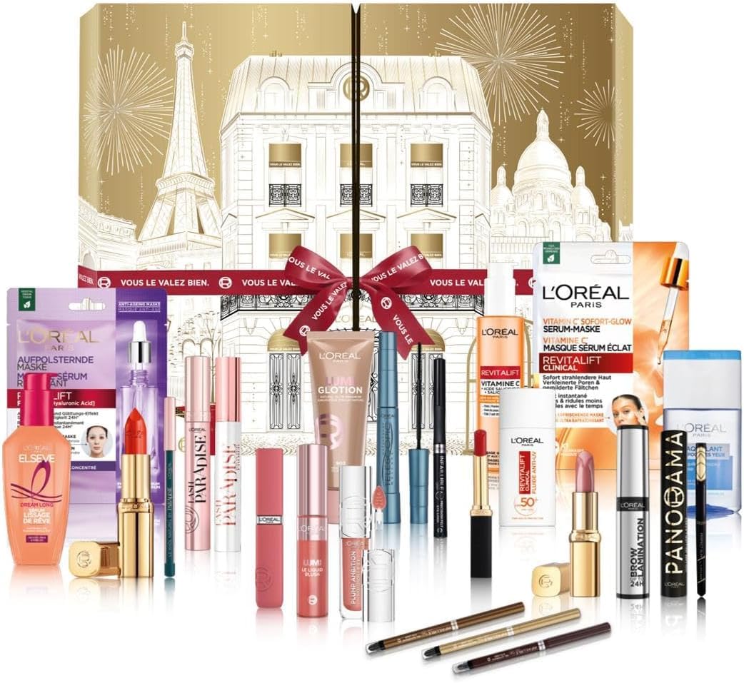 L'Oréal Paris – Calendario dell'Avvento 24 giorni – Cofanetto regalo Natale – Trucco, Cura viso e capelli – 24 prodotti di bellezza inelusivi in dimensioni reali