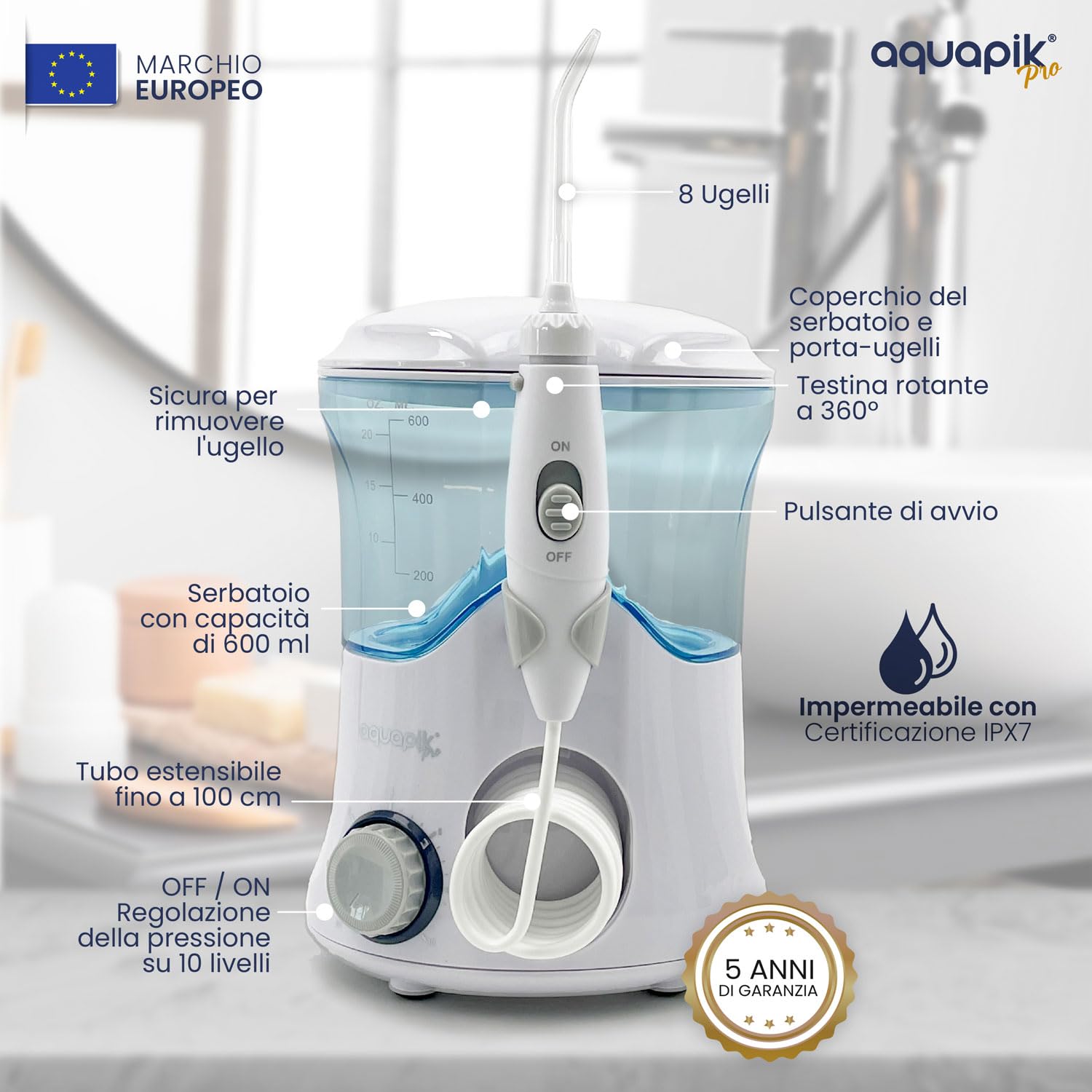 Idropulsore Dentale Aquapik PRO | Irrigatore Orale Professionale 10 Livelli Pressione | Idropulsore Dentale Elettrico con 8 Ugelli + 600 ml Impermeabile (Bianco)