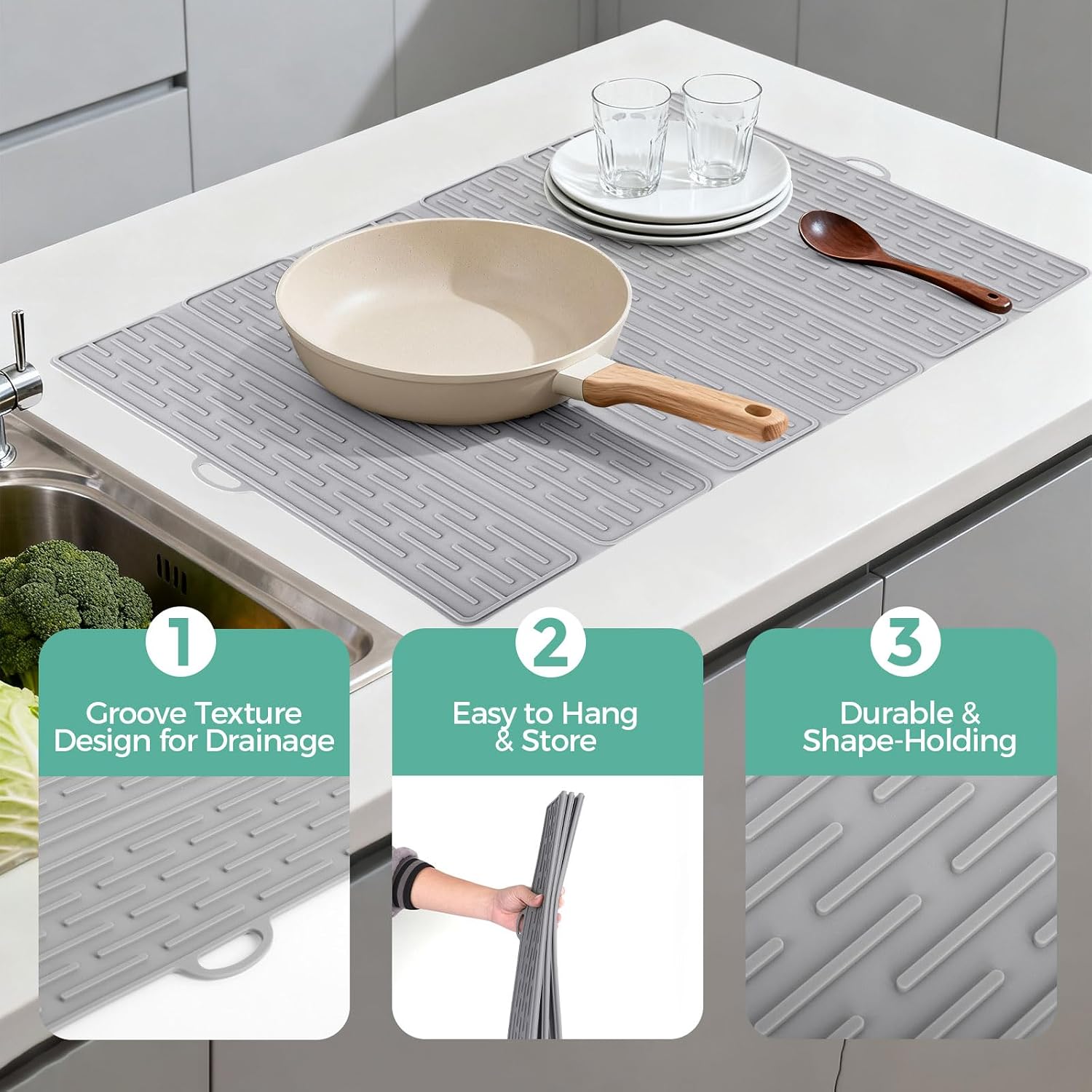 Dish Drying Mat, Silicone Draining Mat, Draining Board Pad Foldable Heat Resistant, Non-Slip Kitchen Counter Drainer Pad, Dish Drainer Mat for Sink and Tabletop Protection, Gray image 5