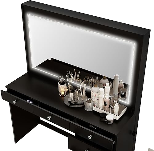 Miniatura 5 de Boahaus Joan Vanity - Escritorio de maquillaje con 7 cajones, espejo ancho de Hollywood, pomos de cristal, sin luces incluidas, mesa de maquillaje