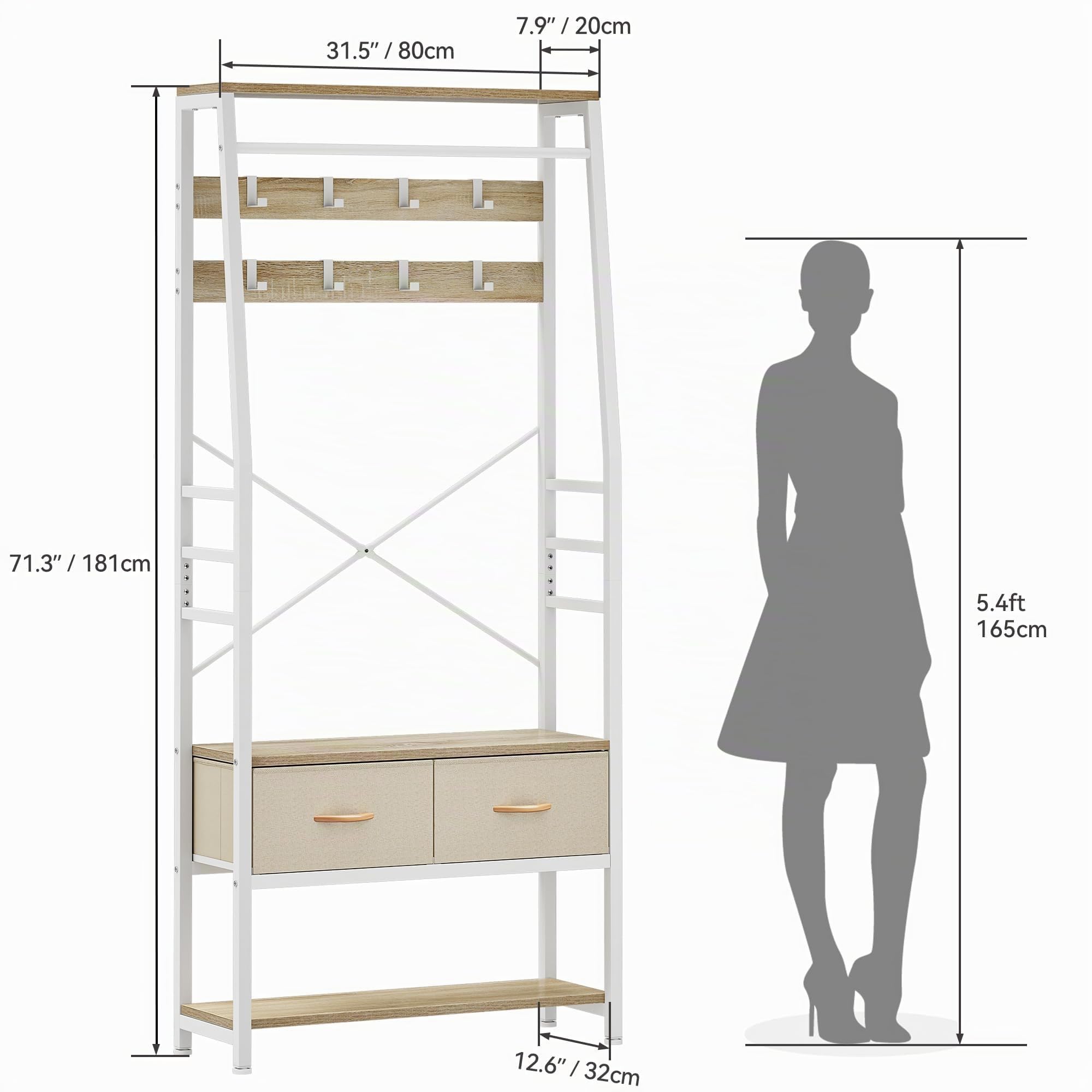 YITAHOME Appendiabiti, Attaccapanni da Ingresso 6 in 1 con 2 Cassetti, Porta Abiti da Terra con Vano Portascarpe, Asta Appendiabiti in legno e Metallo, per Soggiorno Ingresso, Bianco e rovere