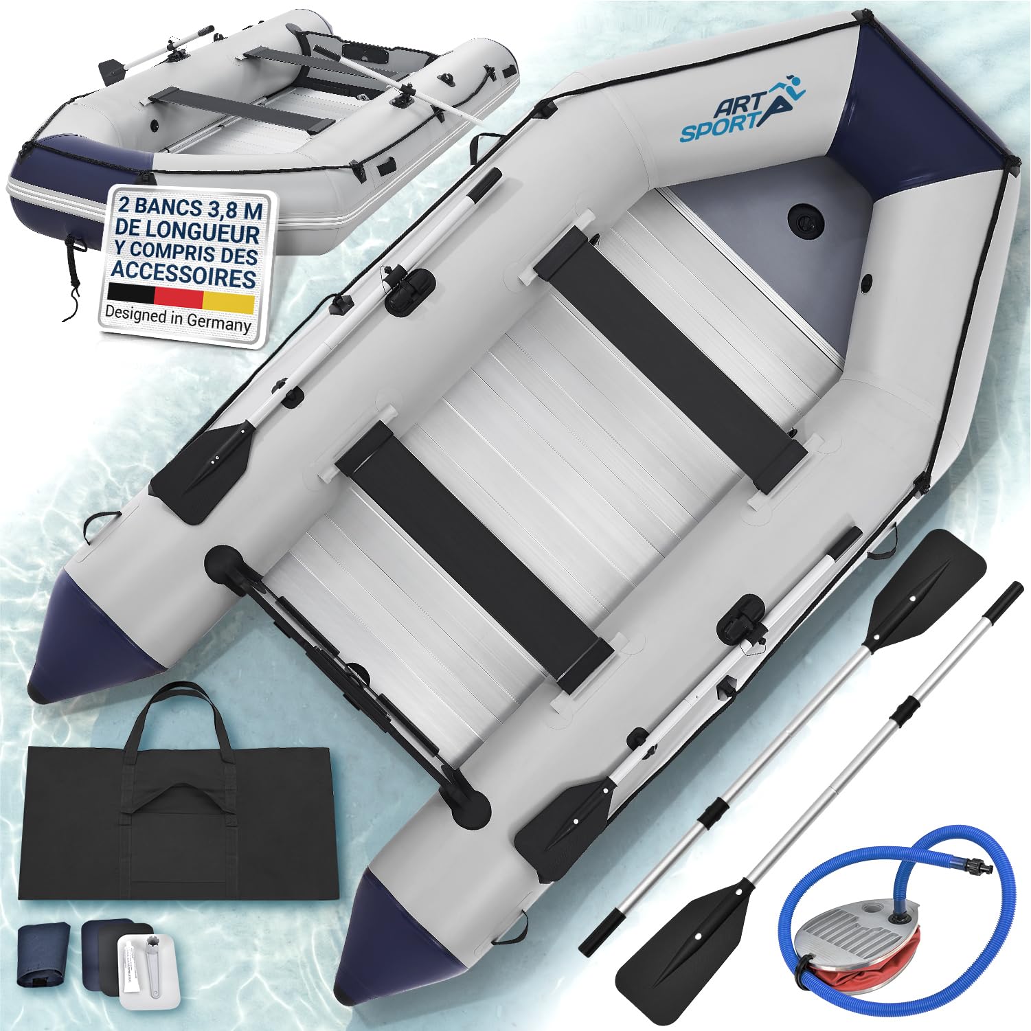 ArtSport Bateau Paddel Boot Gris avec Alu Sol – 3,80 m
