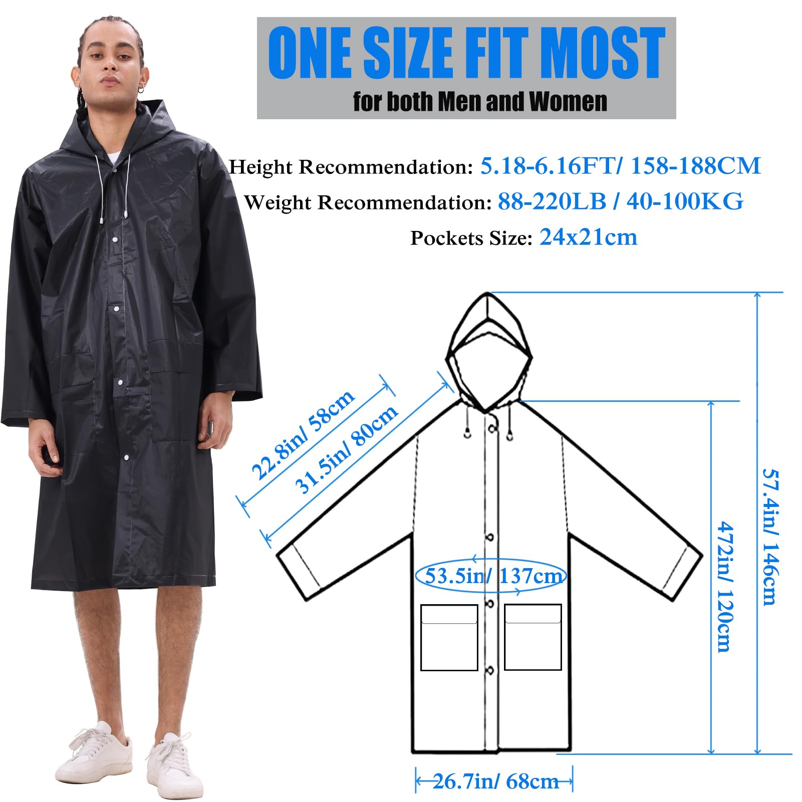 HLKZONE Ponchos de lluvia para adultos, paquete de 2 abrigos de lluvia reutilizables para adultos, chaqueta impermeable plegable con bolsillos