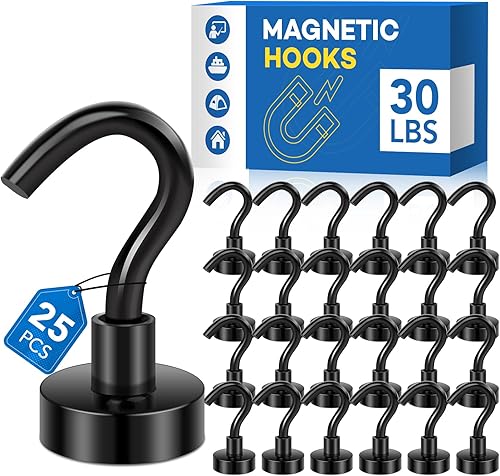 LOVIMAG 25 ganchos magnéticos, ganchos magnéticos de neodimio fuertes para artículos esenciales de crucero, ganchos negros resistentes para el aula,