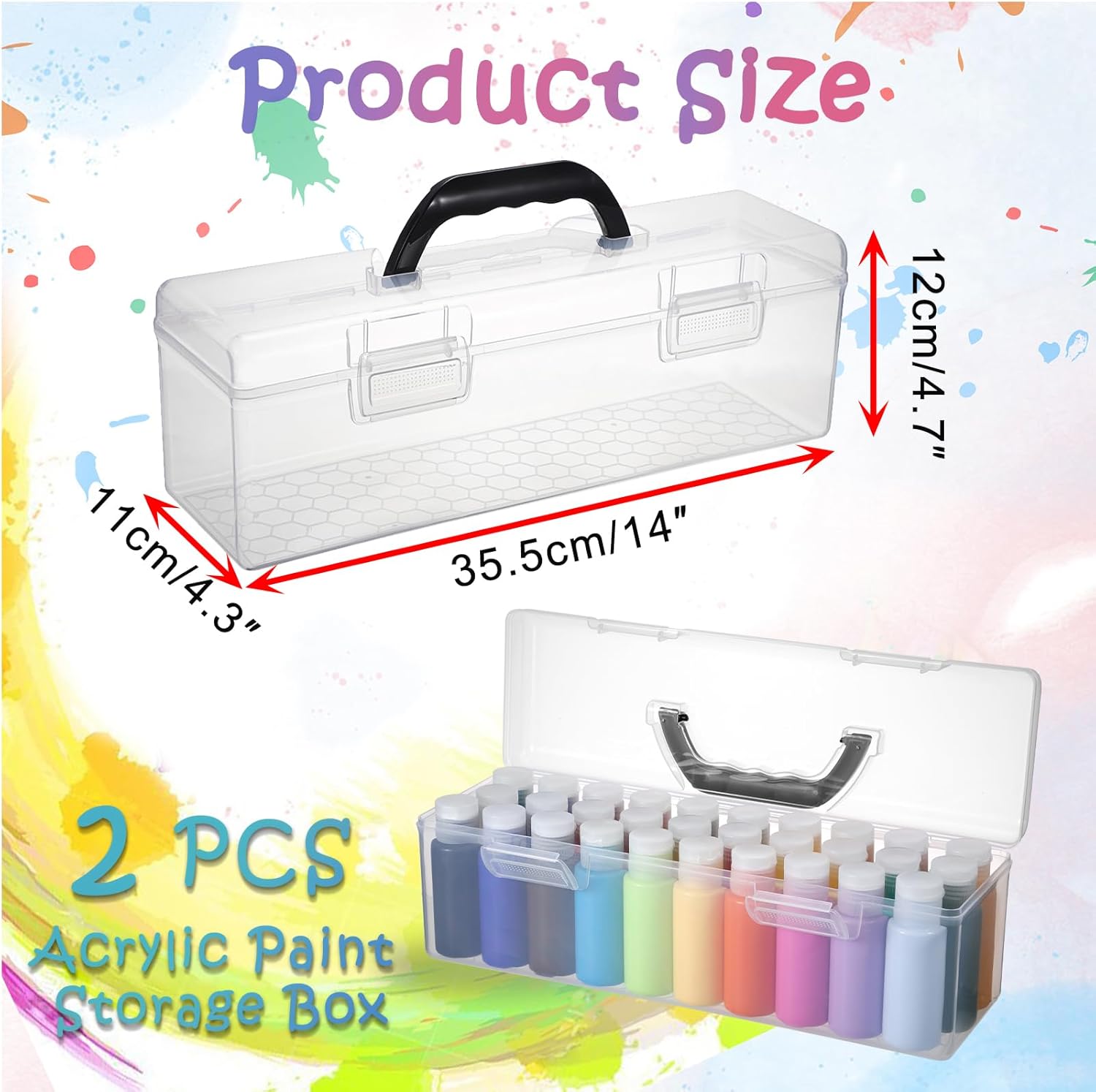 2 PCS Clear Acrylic Paint Storage Box with Handle, Portable Craft Paint Storage Organizer, Plastic Craft Art Supply Box, 30 Bottle Capacity Clear Organizer for 2 fl. oz Apple Barrel Paints