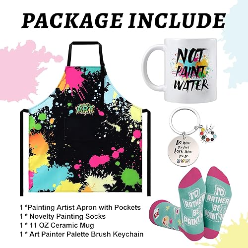 Miniatura 2 de Mepase Juego de 4 piezas de regalo de artista de pintura para mujeres, incluye artista de pintura, delantal, impermeable, llavero, taza, calcetines
