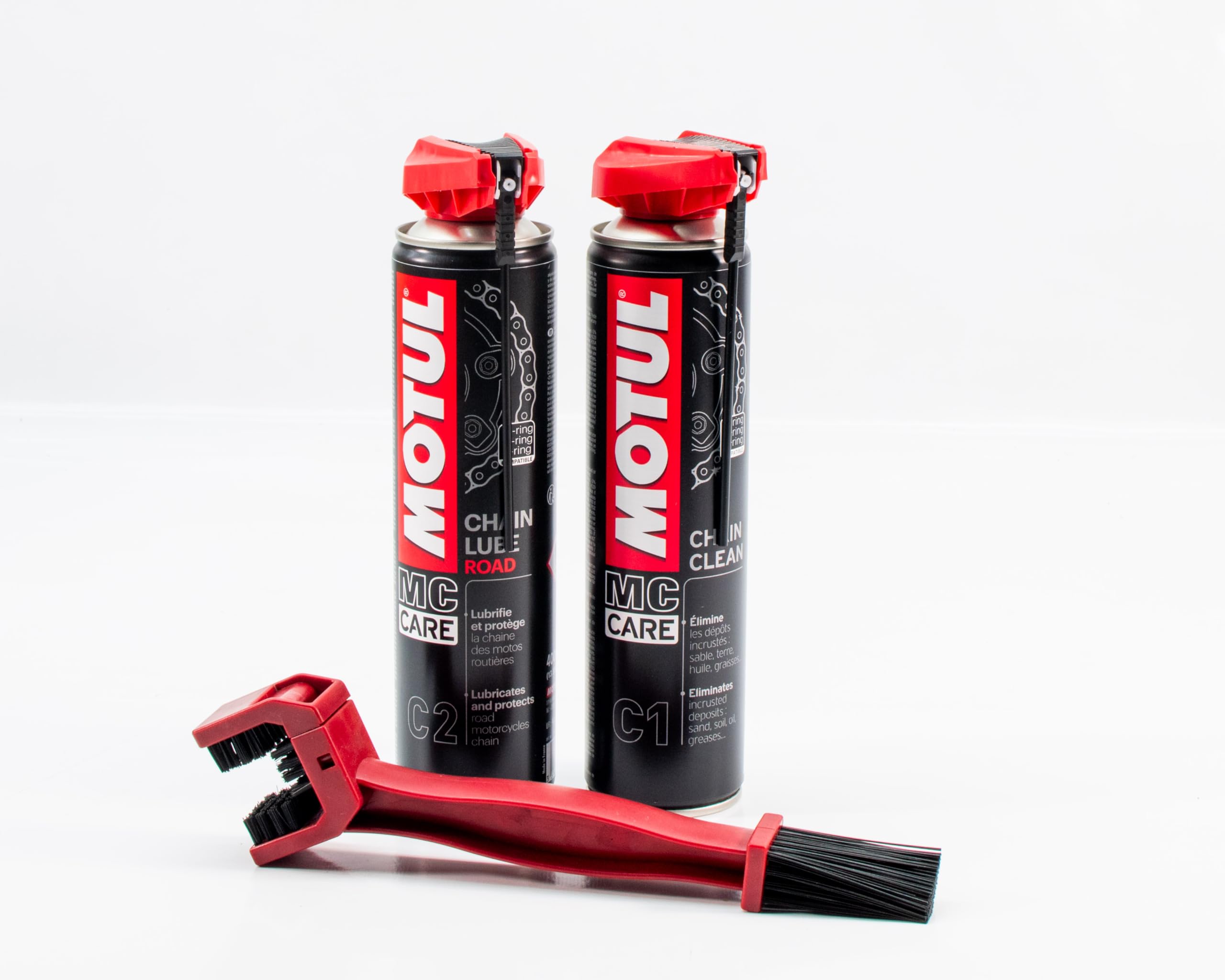 Gazoobike Confezione di manutenzione catena moto MC Care, detergente C1 400 ml + lubrificante C2 400 ml con spazzola di pulizia, kit completo per catena di moto