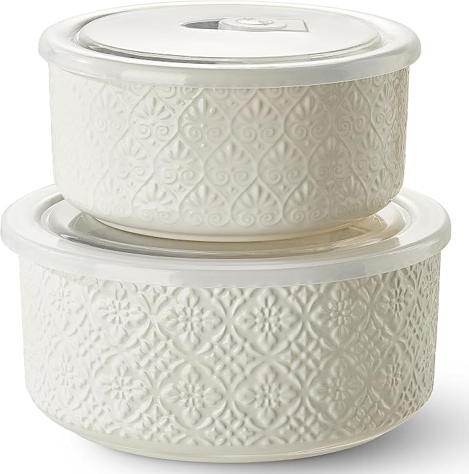 Metahom Ceramic Bowls with Lids Set of 2, Nesting Bowls for Work Lunch, Meal Prep, Food Storage Containers for Soup Salad Cereal, Microware & Dishwasher Safe, 6 & 7 Inch, 29 & 47 Oz, White