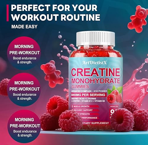 Miniatura 8 de Gomitas de monohidrato de creatina de 8000 mg con BCAA, L-carnitina, taurina y vitamina B12 - Suplemento preentrenamiento para crecimiento muscular,