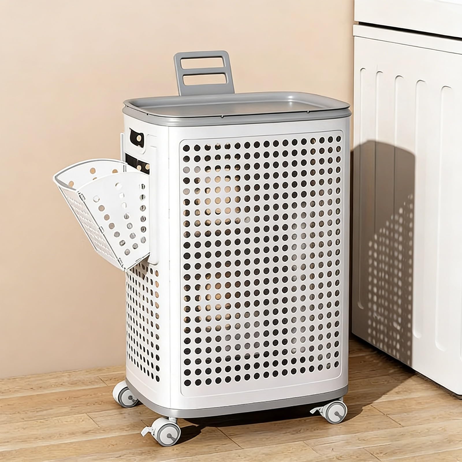 Cesto portabiancheria con coperchio e ruote, design portatile per un facile movimento, stile traforato con manico, ideale per camera da letto, bagno e dormitorio
