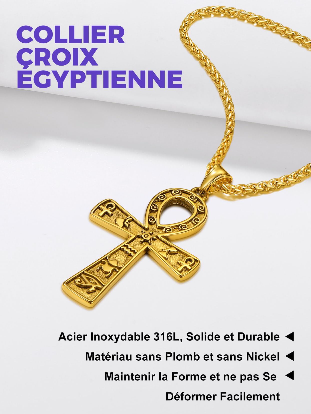 Richsteel Pendentif Croix d'Ankh Égyptien Acier Inoxydable/Or/Noir avec Chaîne 55+5cm, Bijoux Africain Fantaisie Cadeau Original pour Femme Homme Ado Garçons