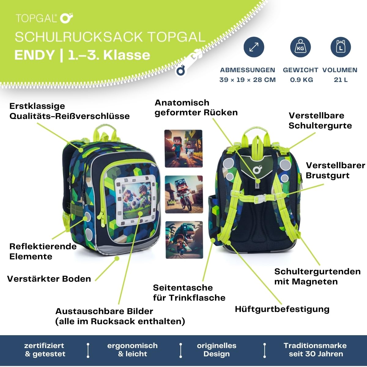 TOPGAL Schulrucksack für Jungen ab 1. Klasse, ergonomisch & leicht, wasserabweisend, mit reflektierenden Elementen, 21 L Schulranzen mit Brustgurt & Rückenpolsterung (PixelArt World)
