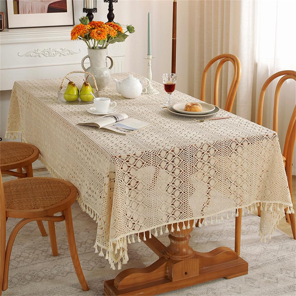 Rechteckige Häkeldeckchen, Spitze, Beige, Vintage-Baumwoll-Tischdecken, Tischdecke, Tischdekoration, Hochzeit, Zuhause, Party, Dekoration, 140 x 250 cm