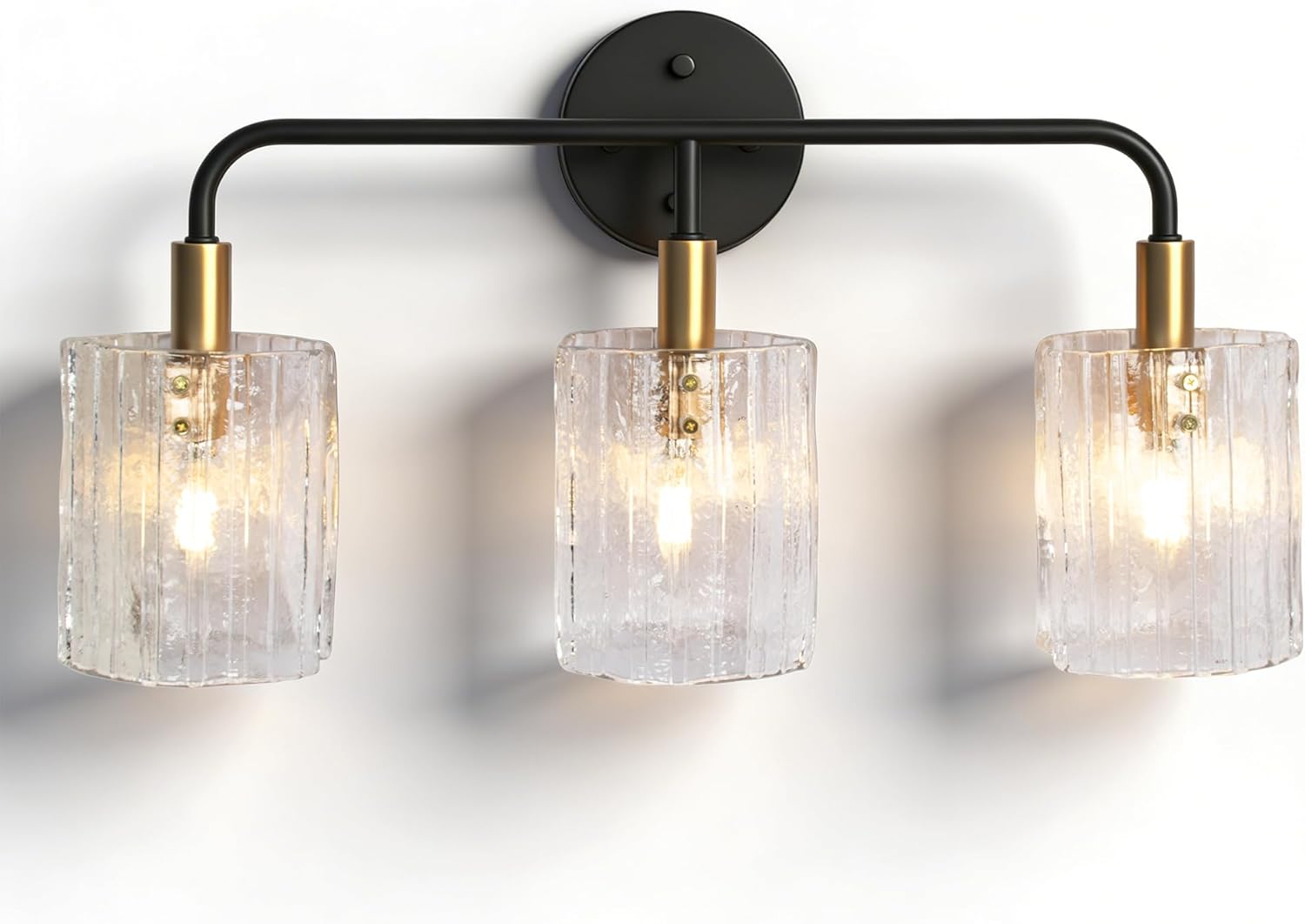 3-Light Glass Bathroom Vanity Lights Over Mirror, Black and Gold Bathroom Light Fixture with Clear Glass Shade, Modern Bathroom Wall Sconce Lighting for Mirror, Living Room (E12)