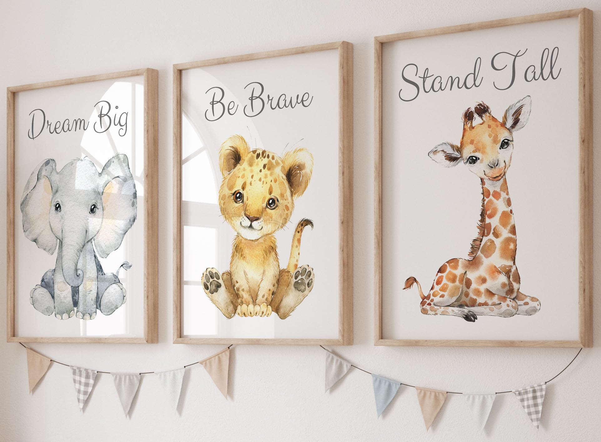 Safari Animals Baby Girl or Boy Nursery Bedroom Set of 3 Unframed Quote Prints, Wall Art Portrait Set of 3, Nursery Decor Gift Present, Elephant Lion Giraffe, Stand Tall Dream Big Be Brave (A4) — image 1