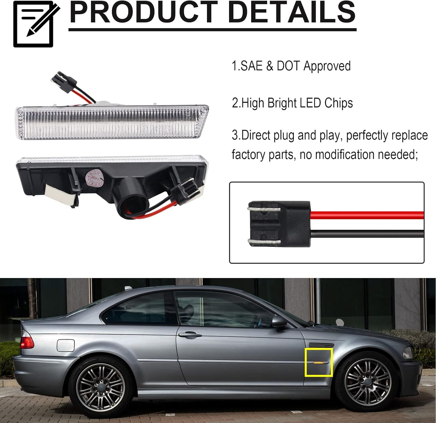 Sequential LED Turn Signal Lights Replacement for 7 Series E38 1995-2001, 3 Series E46 M3 2001-2006, Clear Lens Front Amber Dynamic Fender Indicator Side Marker Lamp, Replace OE 63137165845