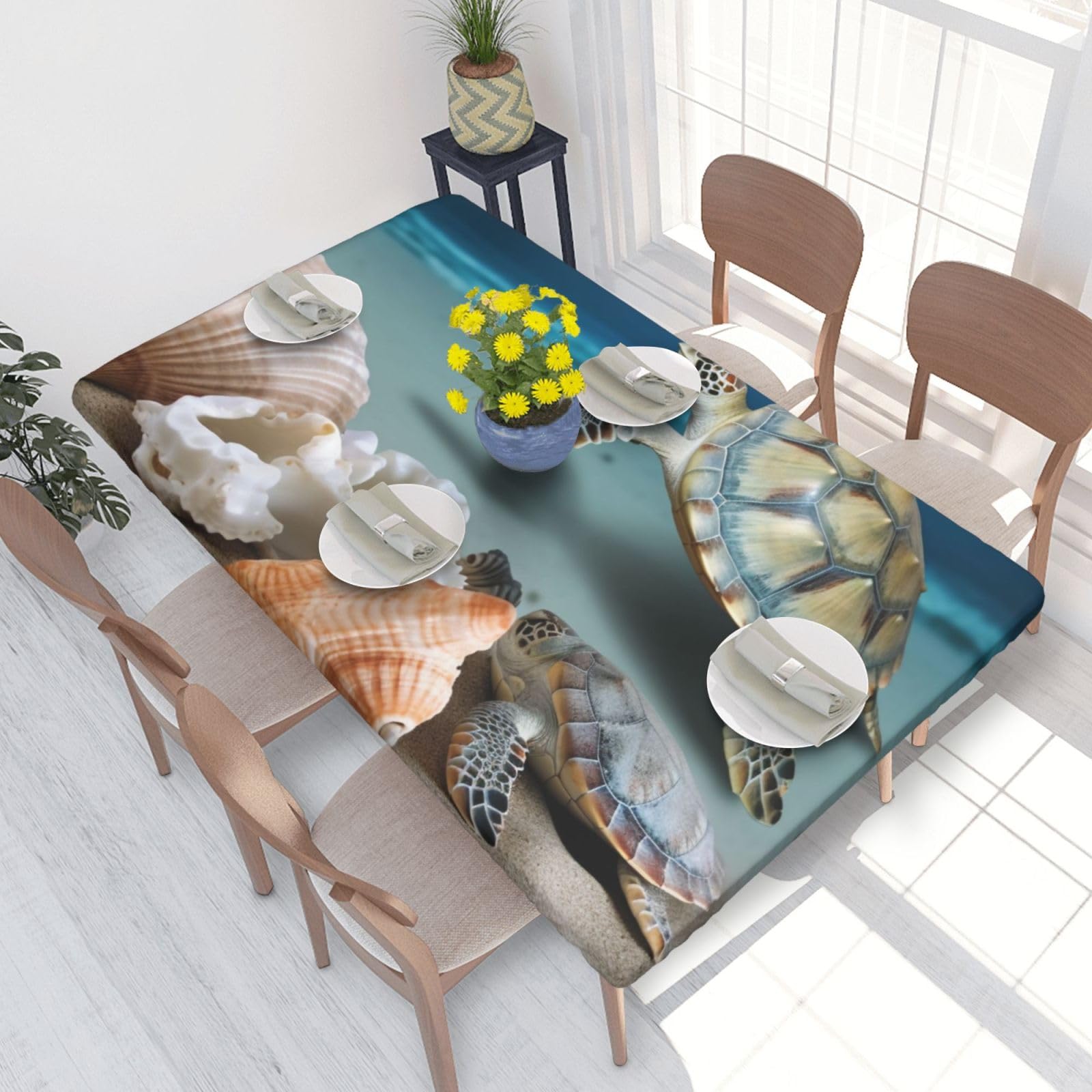 DCARSETCV Sea Conch Shell Sea Turtle Printed 4FT Waterproof Tablecloth with Elastic Edged Protect & Decor Your Table, Oil-proof Washable Table Cloth Cover for Dinner Picnic Party