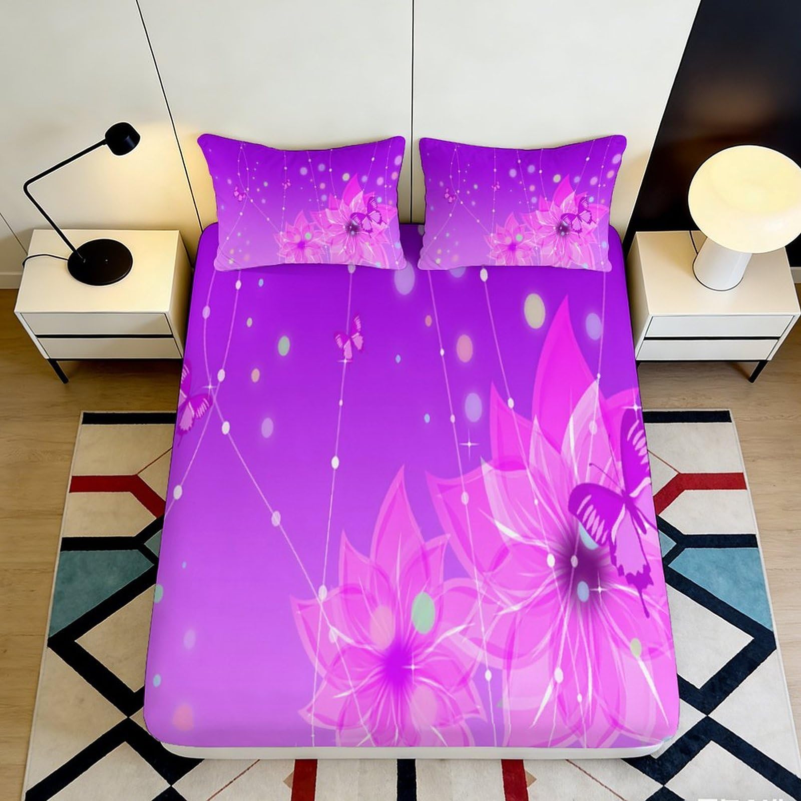 3D Printed Purple Floral Butterfly Fitted Sheet Microfiber Soft Breathable Pink Lotus Bed Cover for Bedroom Dormitory Guest Room Mattress Protection Decor 90x200x25cm