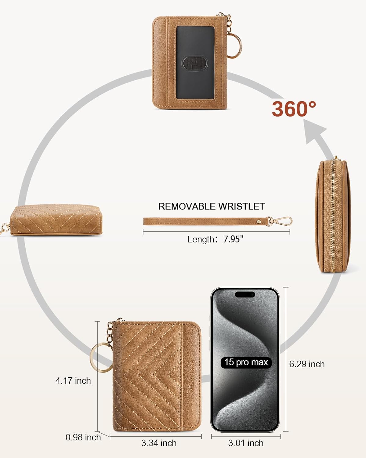 BOSTANTEN Credit Card Holder Wallet RFID Blocking Leather Small Wallet for Women Zipper Keychain Wallet with Wristlet Camel - Image 4
